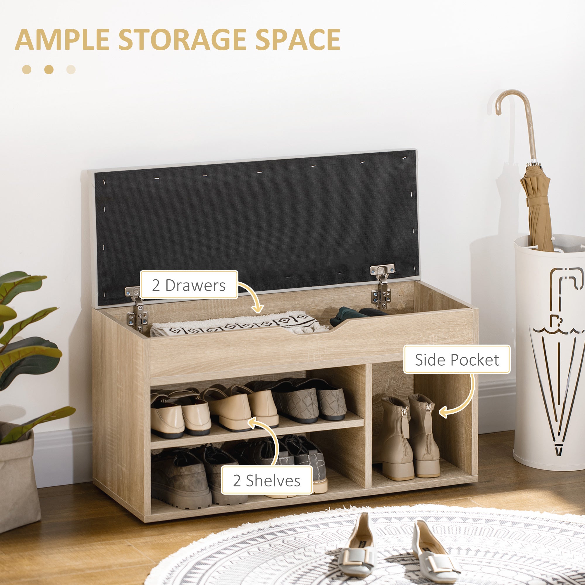 HOMCOM Shoe Bench Entryway Storage Rack with Padded Cushion PU Cover Hidden Storage for Hallway Living Room Bedroom, Natural