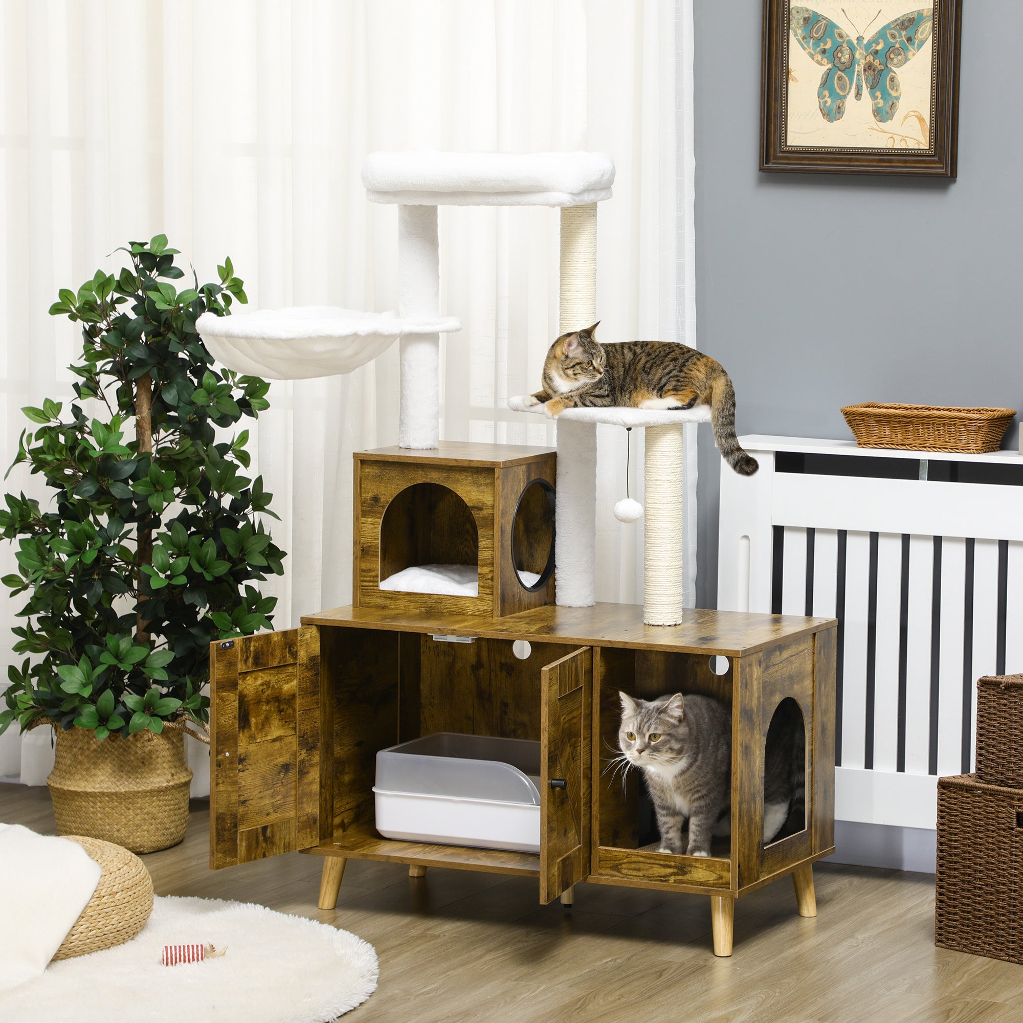 PawHut Cat Tree with Litter Box Enclosure,  2-in-1 Cat Tower Litter Box Furniture Indoor, Cat Condo with Hammock, Scratching Posts Pad, Rustic Brown