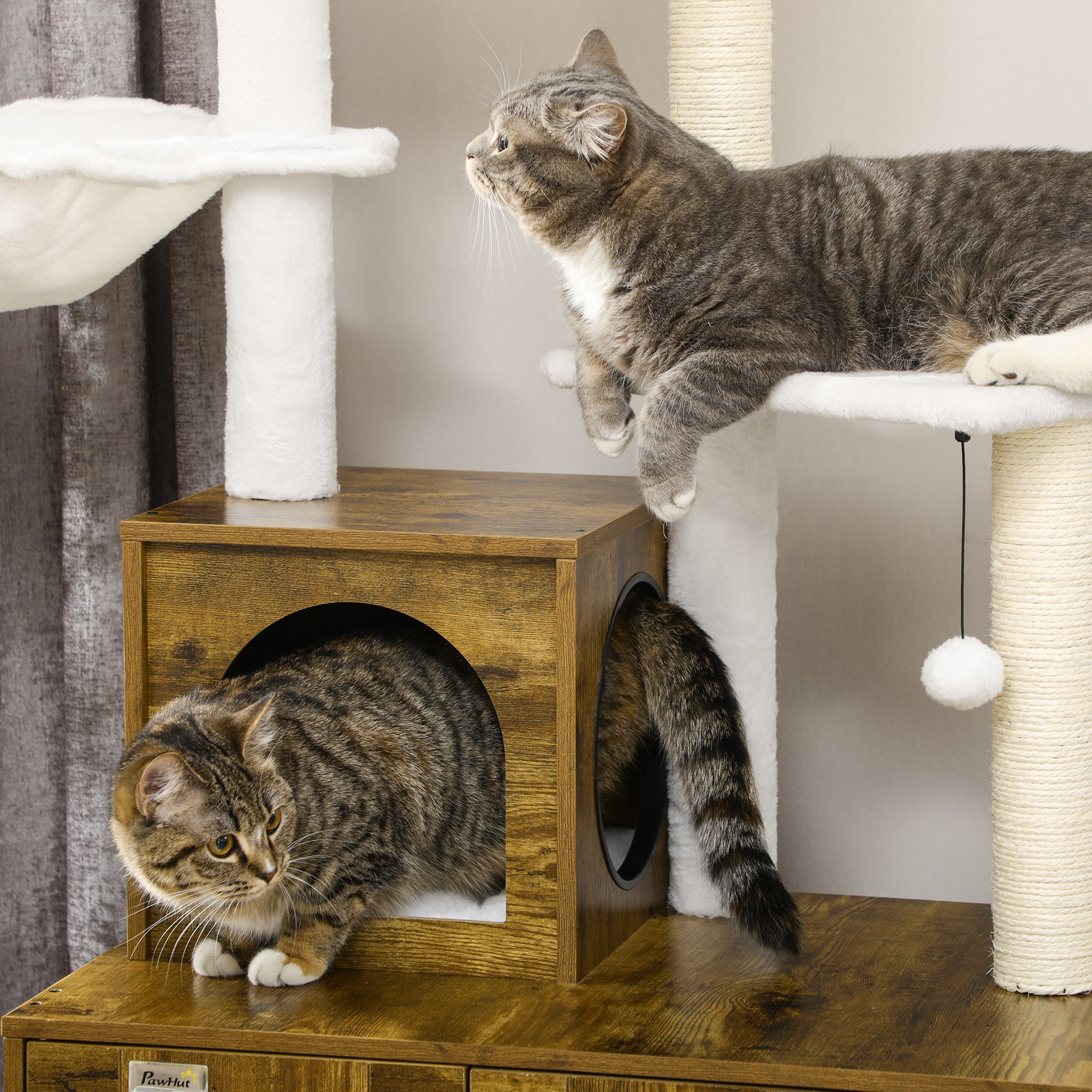PawHut Cat Tree with Litter Box Enclosure,  2-in-1 Cat Tower Litter Box Furniture Indoor, Cat Condo with Hammock, Scratching Posts Pad, Rustic Brown