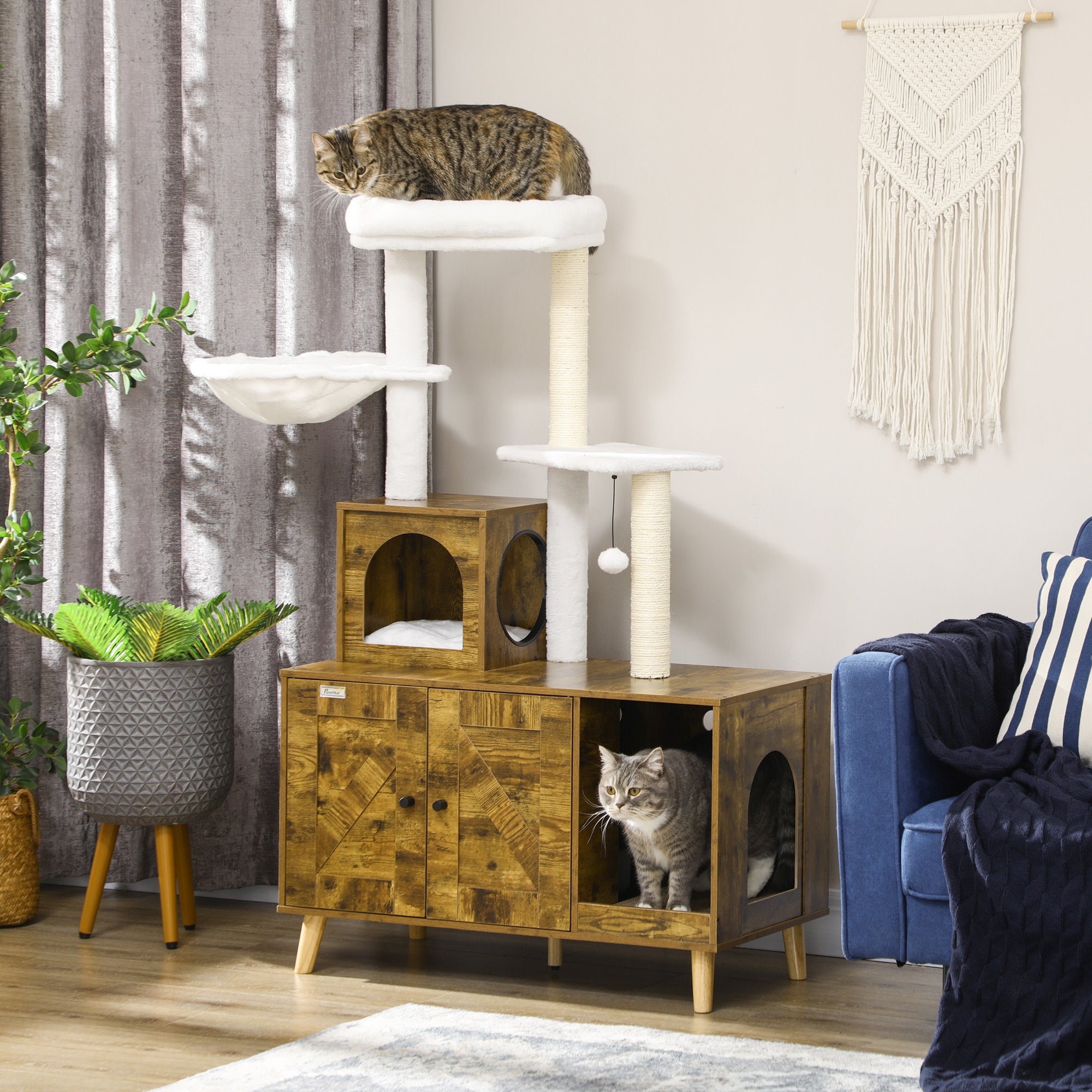 PawHut Cat Tree with Litter Box Enclosure,  2-in-1 Cat Tower Litter Box Furniture Indoor, Cat Condo with Hammock, Scratching Posts Pad, Rustic Brown