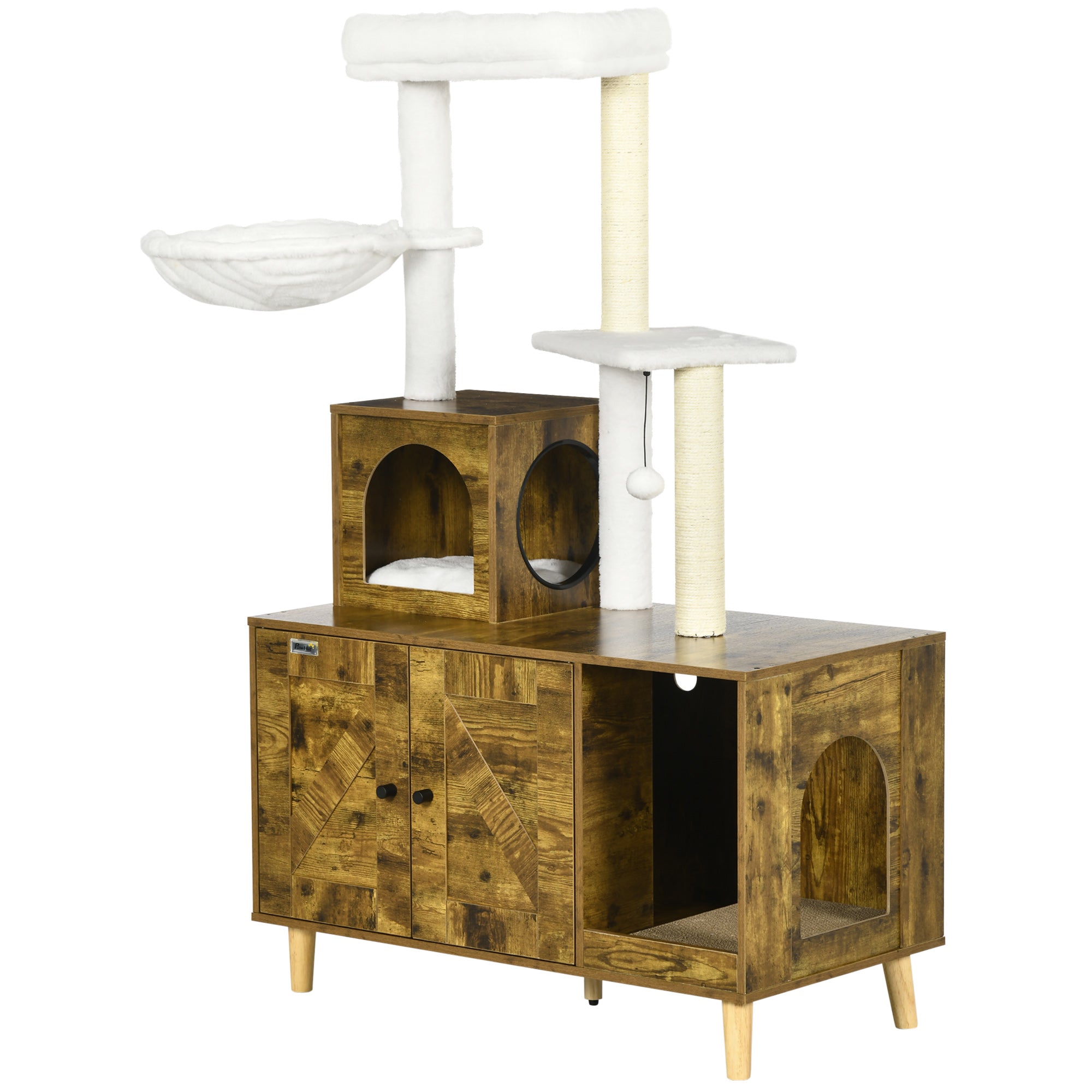 PawHut Cat Tree with Litter Box Enclosure,  2-in-1 Cat Tower Litter Box Furniture Indoor, Cat Condo with Hammock, Scratching Posts Pad, Rustic Brown