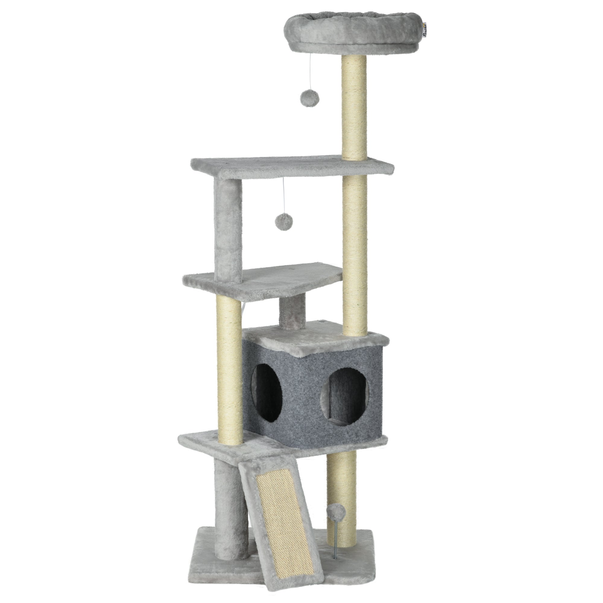 PawHut 57.5" Cat Tree with Scratching Posts, Large Cat Tower for Indoor Cats with Bed, House, Toys, Grey