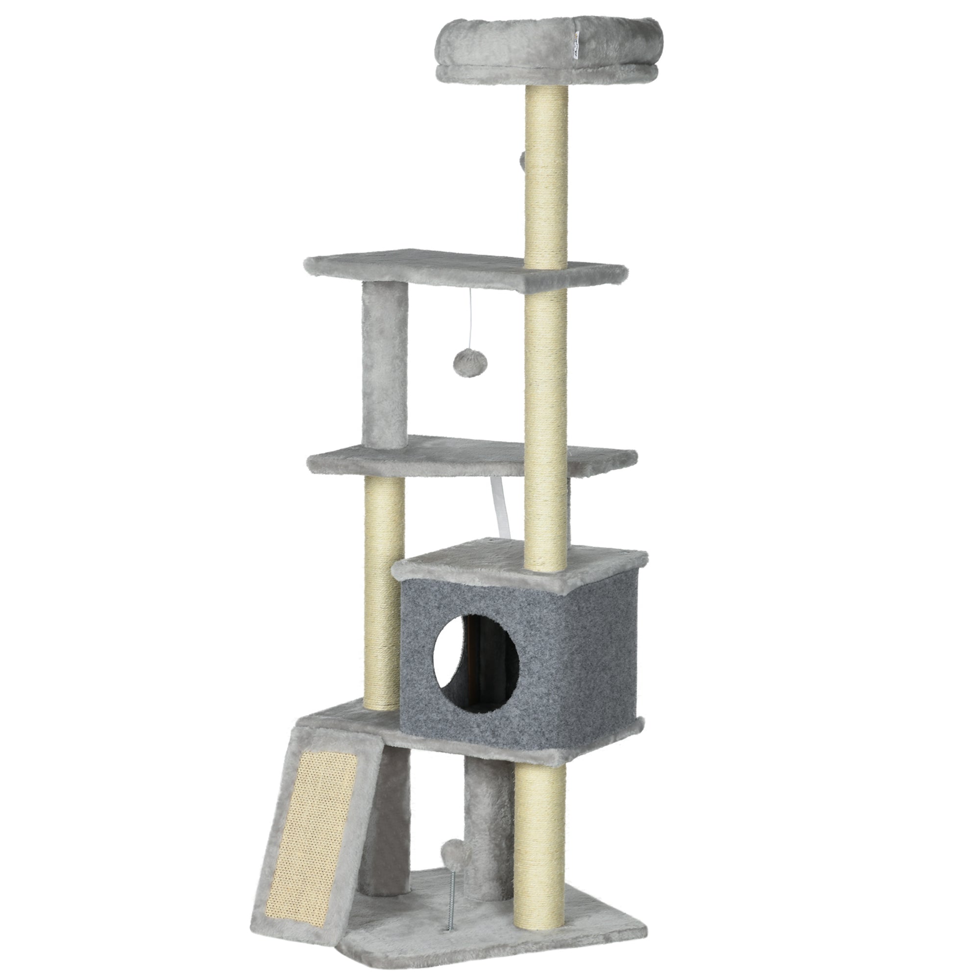 PawHut 57.5" Cat Tree with Scratching Posts, Large Cat Tower for Indoor Cats with Bed, House, Toys, Grey