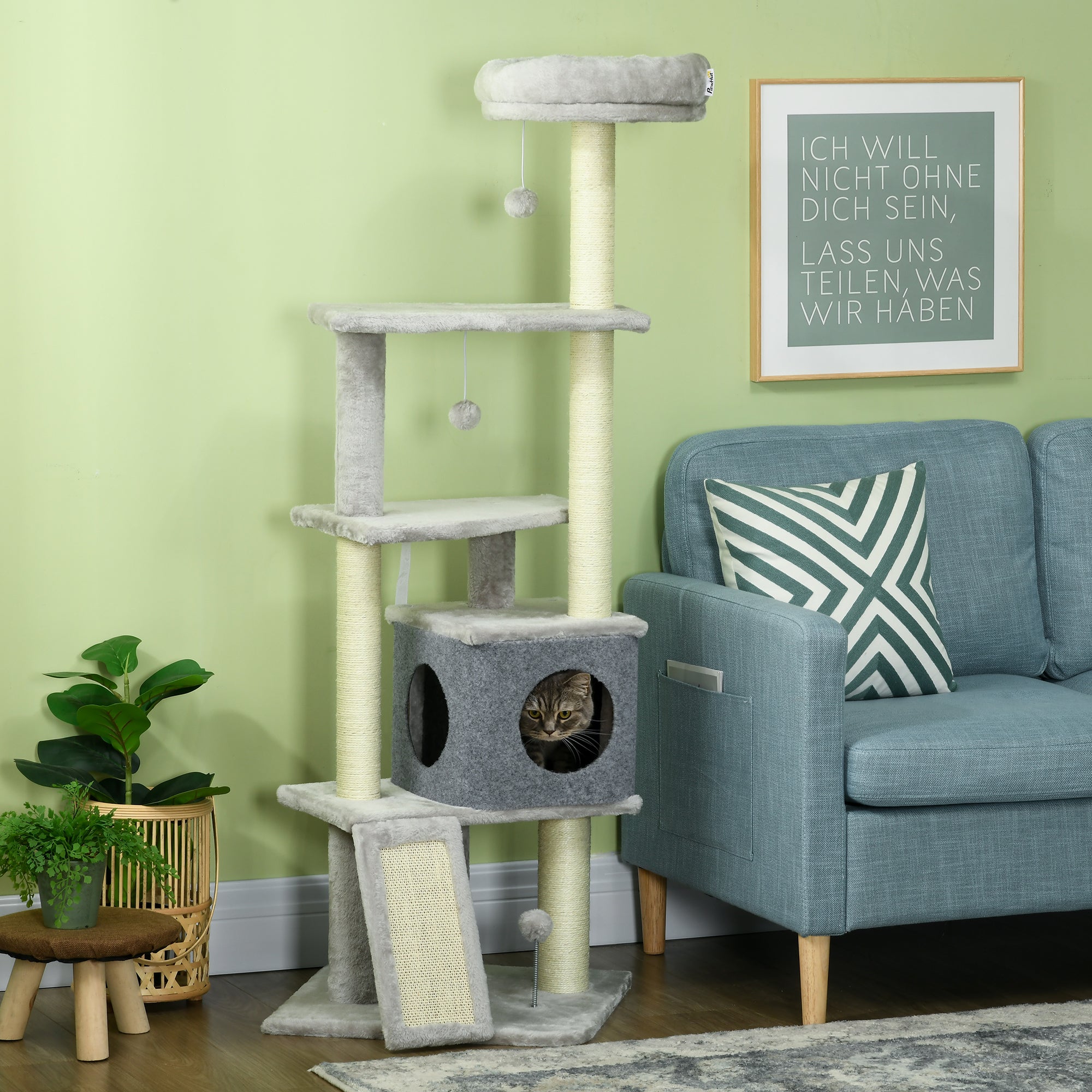 PawHut 57.5" Cat Tree with Scratching Posts, Large Cat Tower for Indoor Cats with Bed, House, Toys, Grey