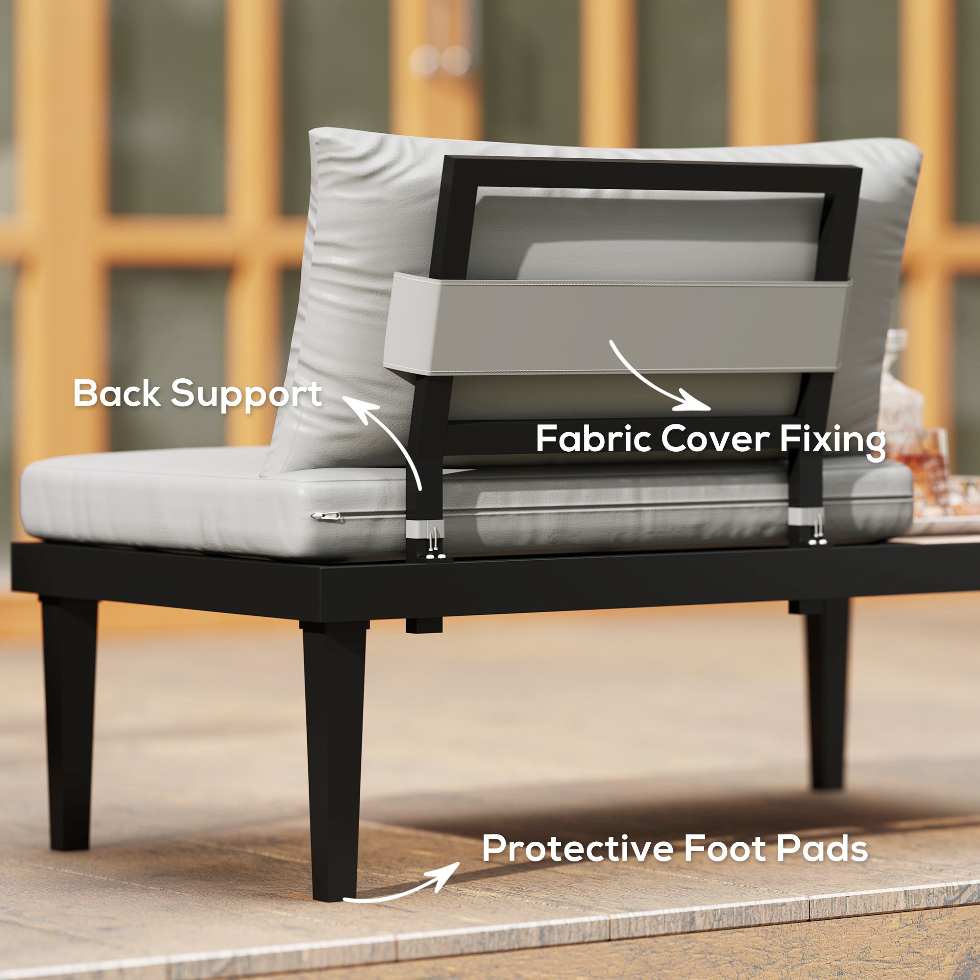 Outsunny Outdoor Sofa Couch, 2 Seater Patio Sofa Loveseat with Wood Grain Side Tray Table, Patio Furniture Couch with Cushions and Steel Frame for Balcony, Backyard, Grey