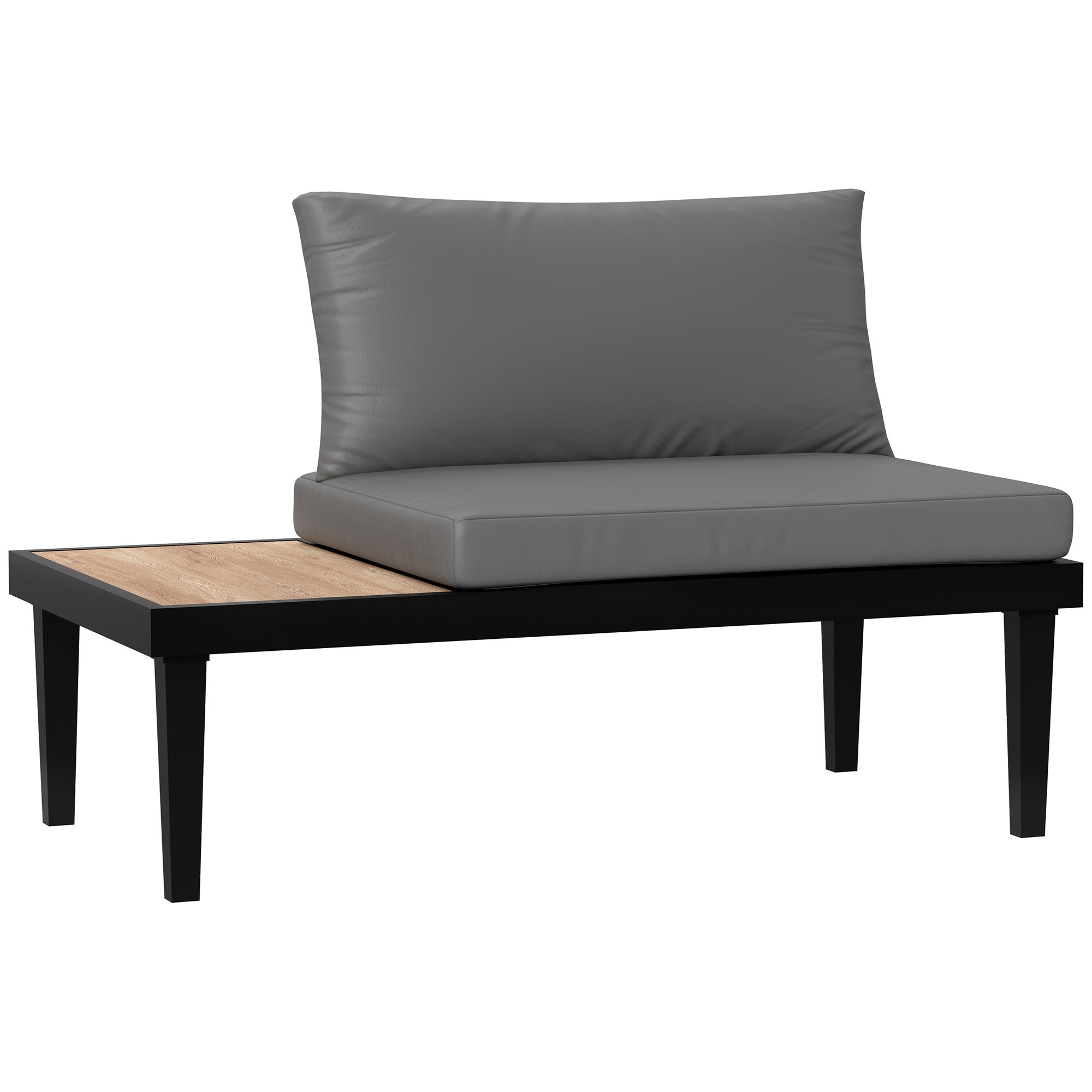 Outsunny Outdoor Sofa Couch, 2 Seater Patio Sofa Loveseat with Wood Grain Side Tray Table, Patio Furniture Couch with Cushions and Steel Frame for Balcony, Backyard, Grey