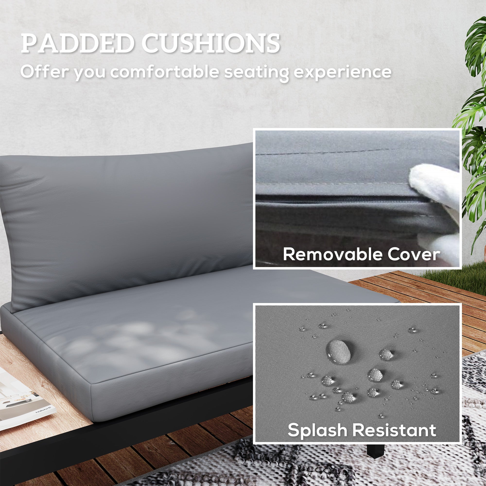 Outsunny Outdoor Sofa Couch, 2 Seater Patio Sofa Loveseat with Wood Grain Side Tray Table, Patio Furniture Couch with Cushions and Steel Frame for Balcony, Backyard, Grey
