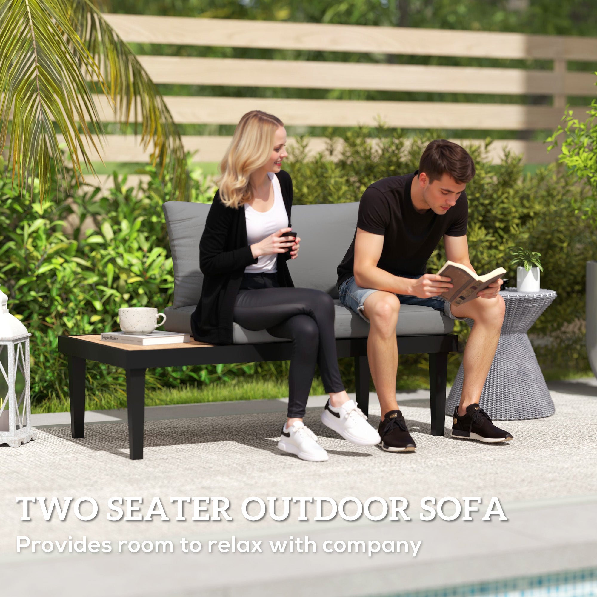 Outsunny Outdoor Sofa Couch, 2 Seater Patio Sofa Loveseat with Wood Grain Side Tray Table, Patio Furniture Couch with Cushions and Steel Frame for Balcony, Backyard, Grey