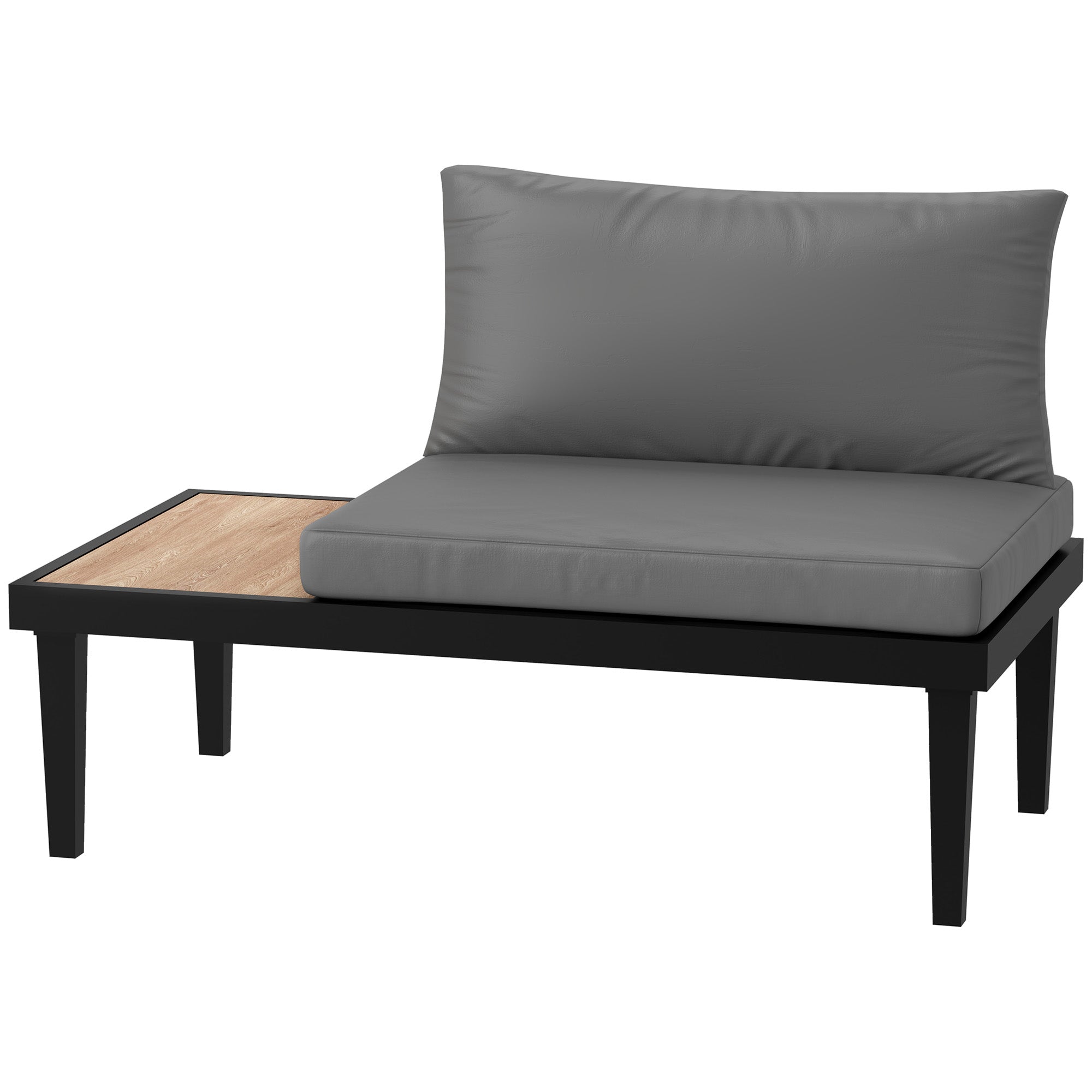 Outsunny Outdoor Sofa Couch, 2 Seater Patio Sofa Loveseat with Wood Grain Side Tray Table, Patio Furniture Couch with Cushions and Steel Frame for Balcony, Backyard, Grey