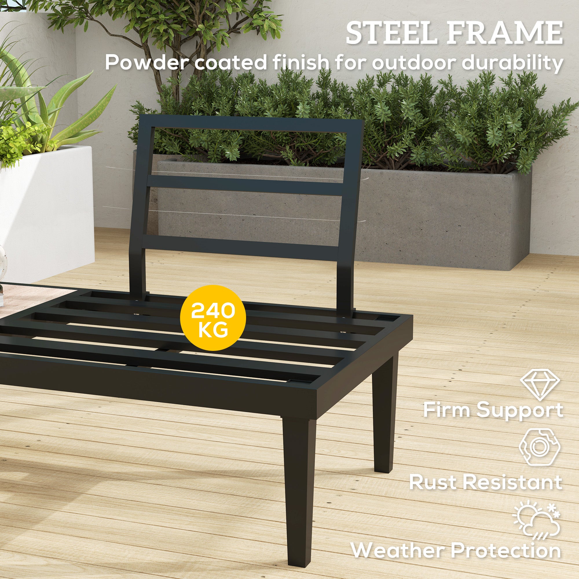 Outsunny Outdoor Sofa Couch, 2 Seater Patio Sofa Loveseat with Wood Grain Side Tray Table, Patio Furniture Couch with Cushions and Steel Frame for Balcony, Backyard, Grey