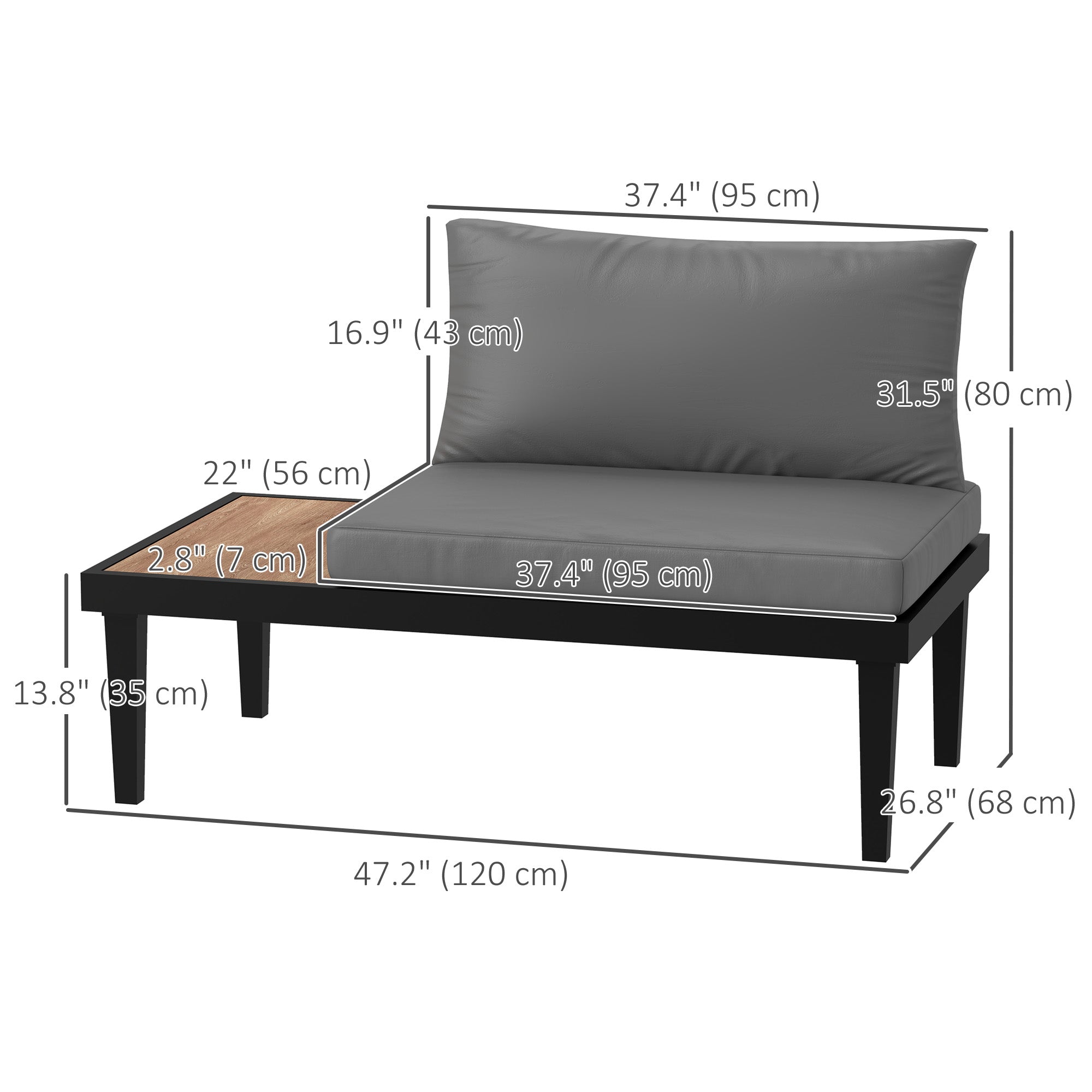 Outsunny Outdoor Sofa Couch, 2 Seater Patio Sofa Loveseat with Wood Grain Side Tray Table, Patio Furniture Couch with Cushions and Steel Frame for Balcony, Backyard, Grey