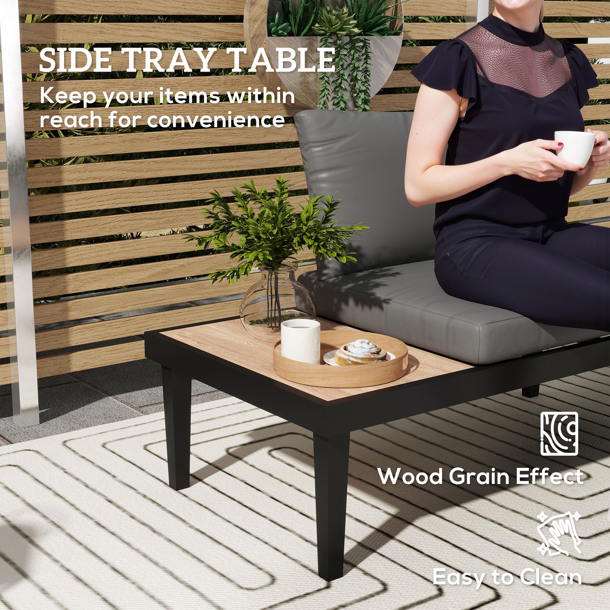 Outsunny Outdoor Sofa Couch, 2 Seater Patio Sofa Loveseat with Wood Grain Side Tray Table, Patio Furniture Couch with Cushions and Steel Frame for Balcony, Backyard, Grey