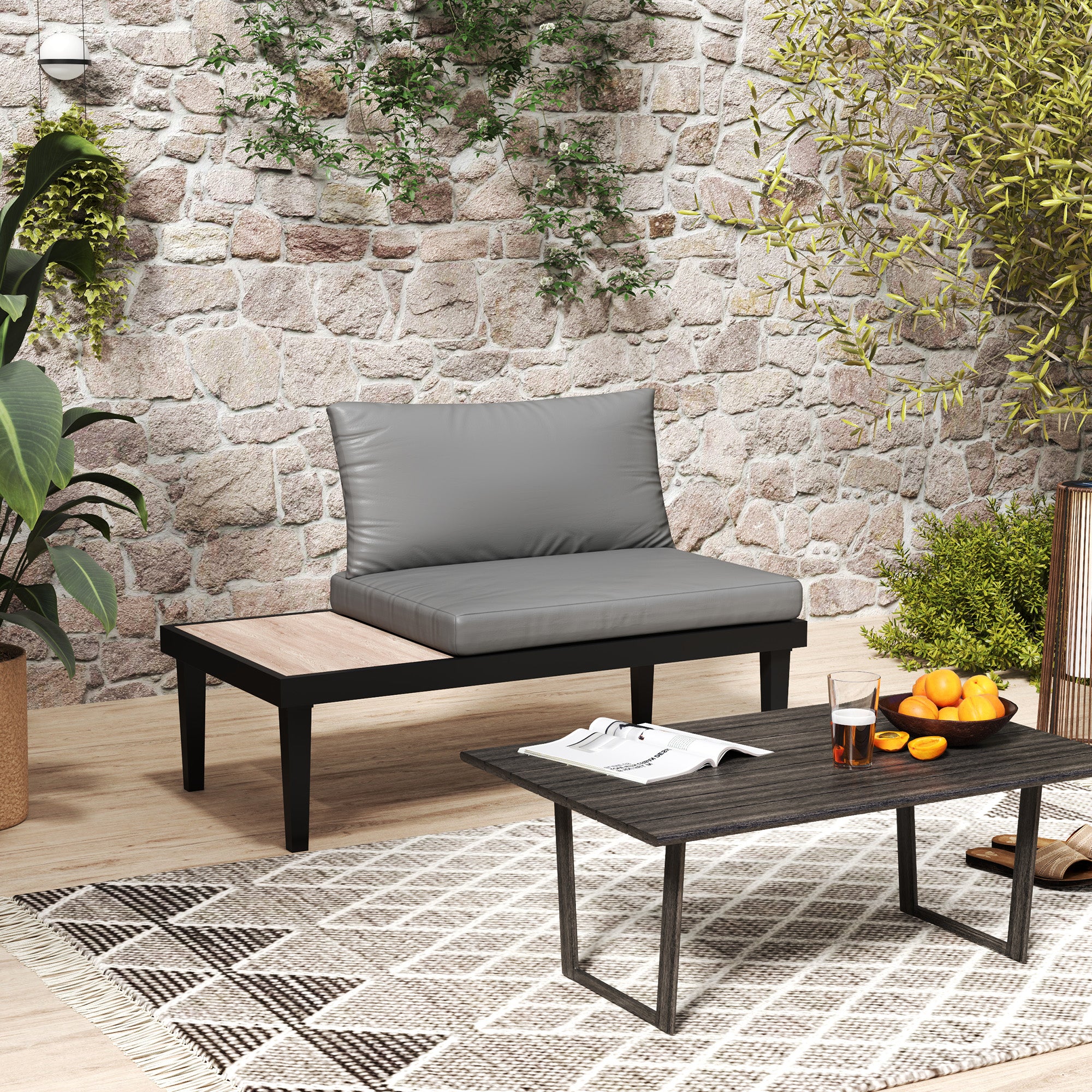 Outsunny Outdoor Sofa Couch, 2 Seater Patio Sofa Loveseat with Wood Grain Side Tray Table, Patio Furniture Couch with Cushions and Steel Frame for Balcony, Backyard, Grey