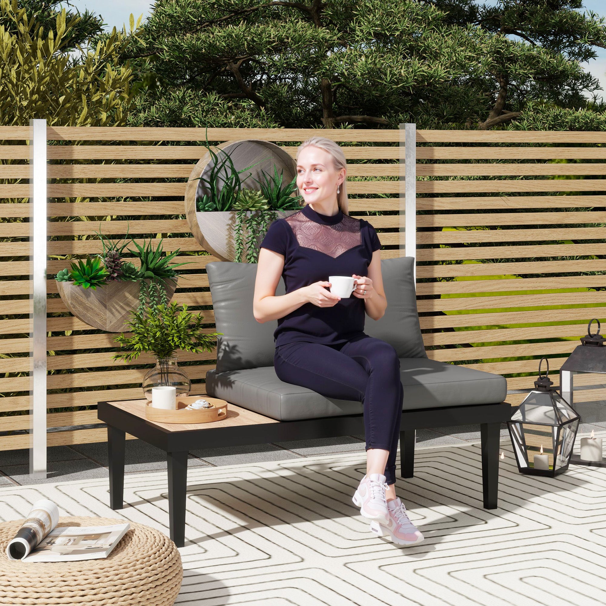 Outsunny Outdoor Sofa Couch, 2 Seater Patio Sofa Loveseat with Wood Grain Side Tray Table, Patio Furniture Couch with Cushions and Steel Frame for Balcony, Backyard, Grey