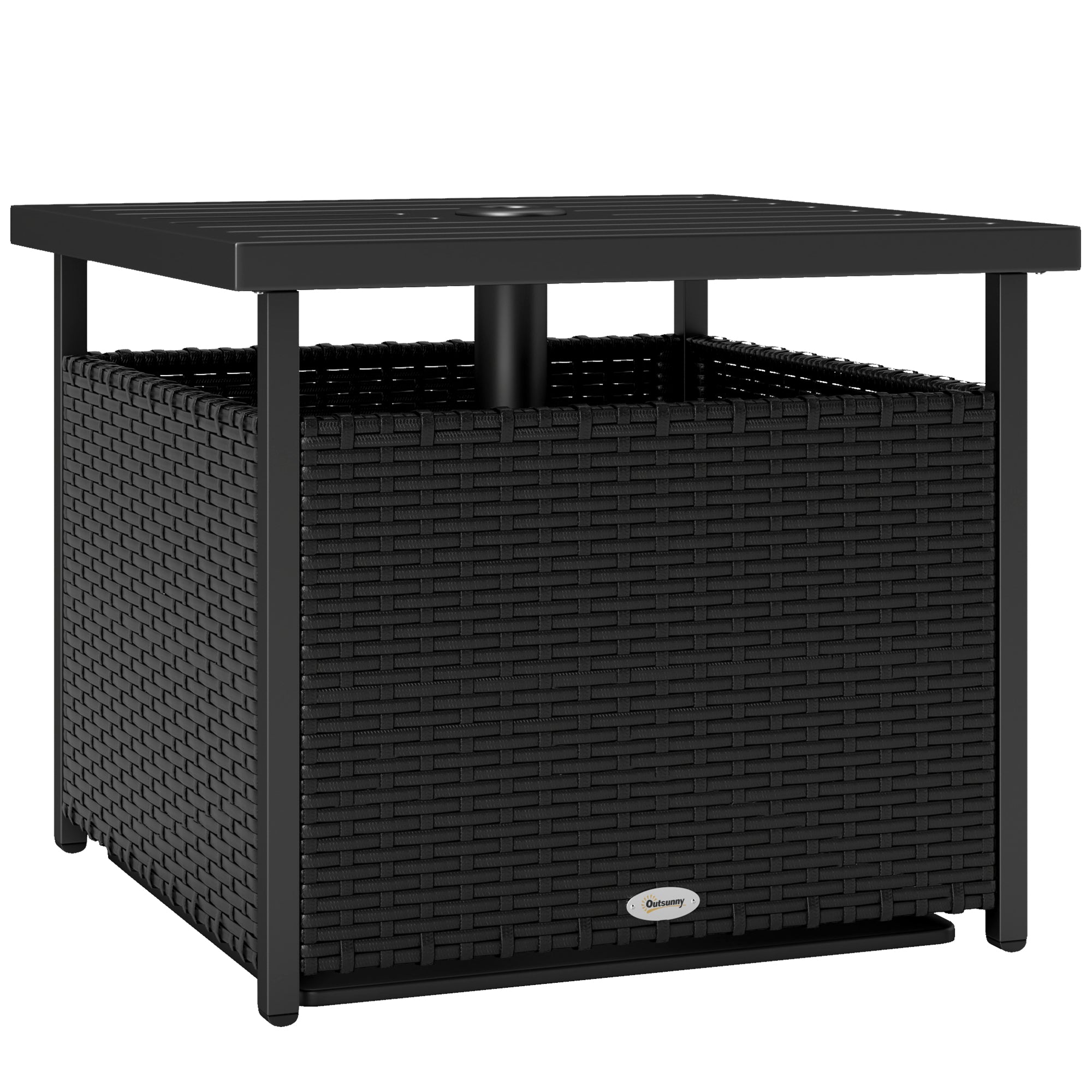 Outsunny 21.75" Outdoor Rattan Wicker Patio Coffee Table with Umbrella Hole, Patio Side Table with Slatted Metal Top, Suitable for Garden, Backyard, Black