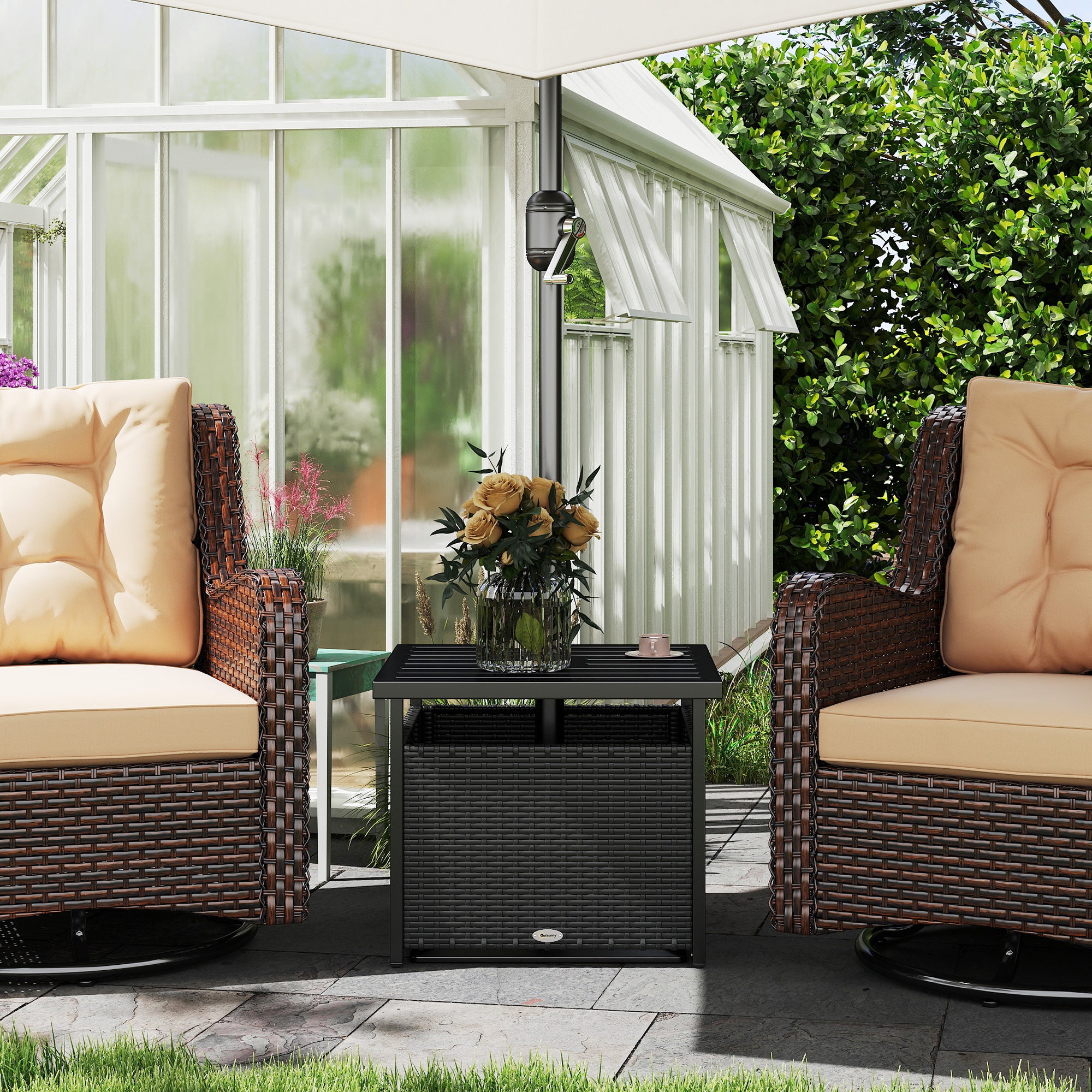 Outsunny 21.75" Outdoor Rattan Wicker Patio Coffee Table with Umbrella Hole, Patio Side Table with Slatted Metal Top, Suitable for Garden, Backyard, Black