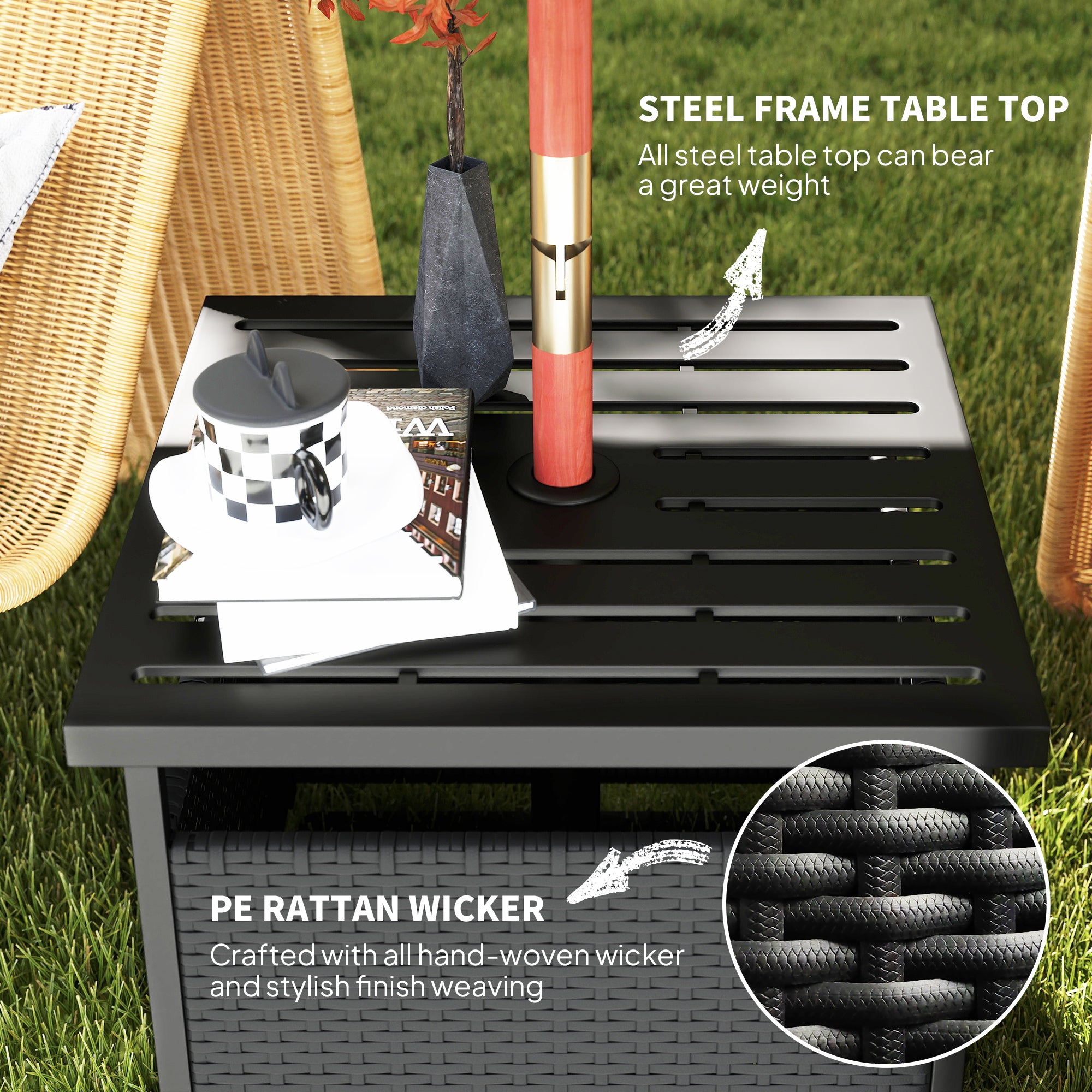 Outsunny 21.75" Outdoor Rattan Wicker Patio Coffee Table with Umbrella Hole, Patio Side Table with Slatted Metal Top, Suitable for Garden, Backyard, Black