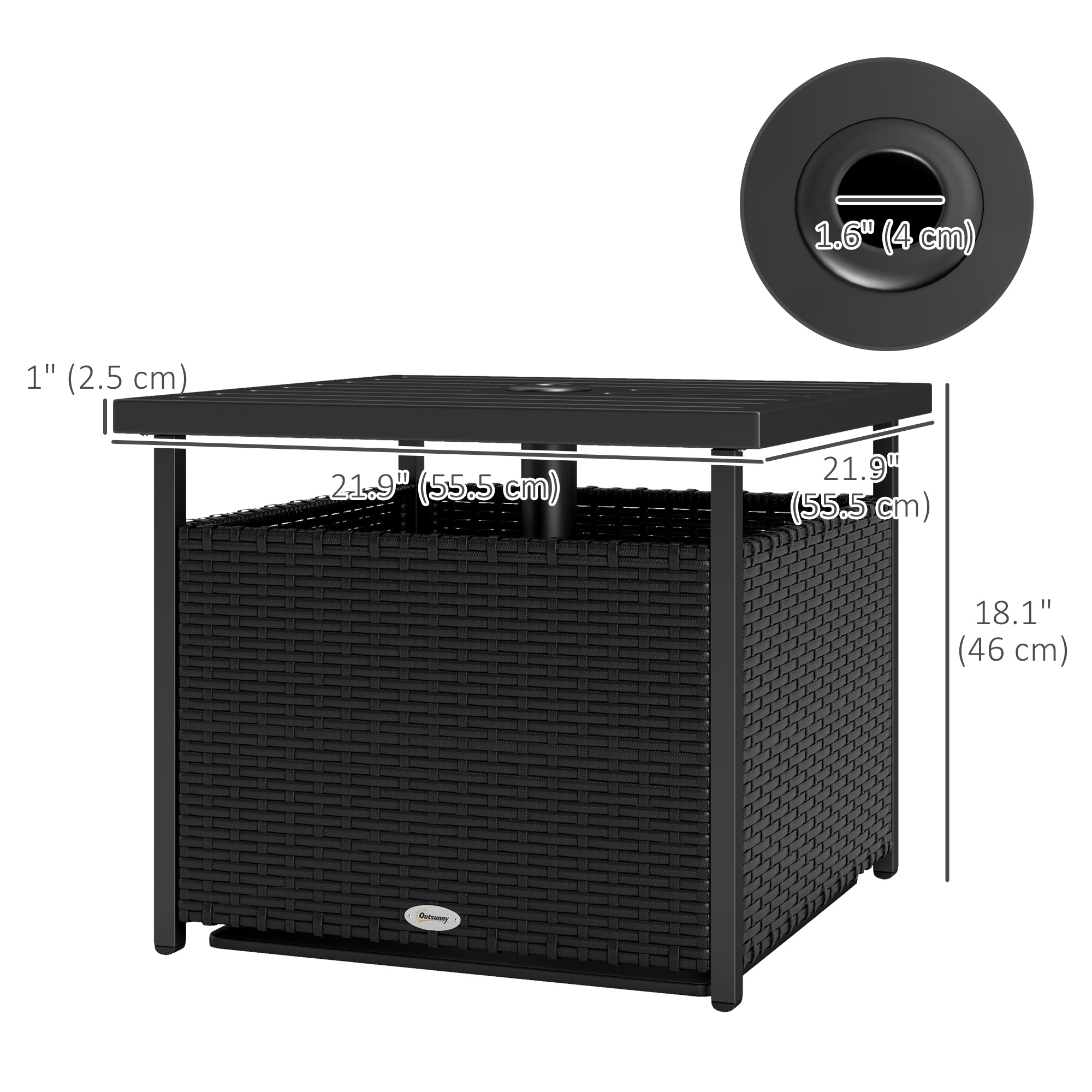 Outsunny 21.75" Outdoor Rattan Wicker Patio Coffee Table with Umbrella Hole, Patio Side Table with Slatted Metal Top, Suitable for Garden, Backyard, Black