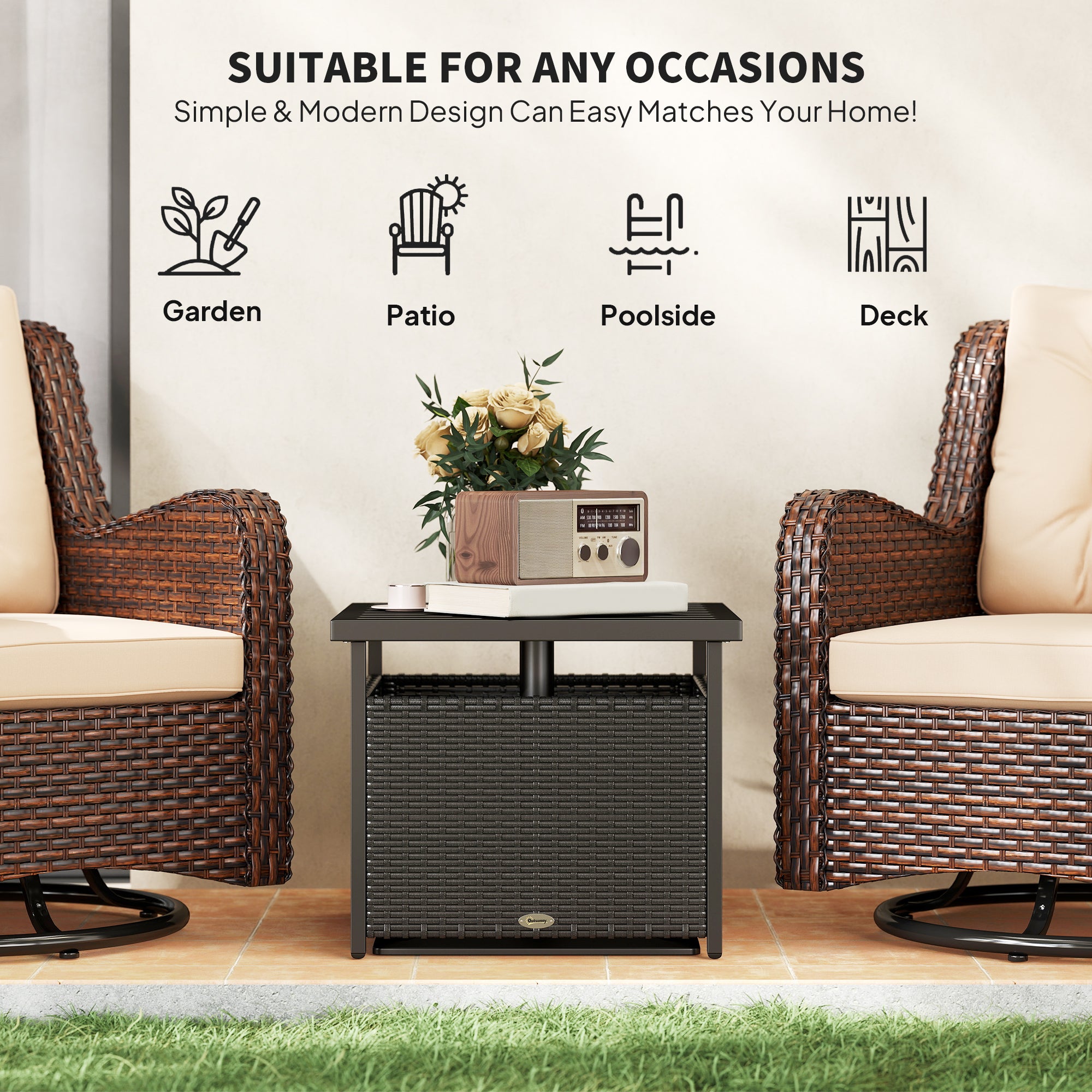 Outsunny 21.75" Outdoor Rattan Wicker Patio Coffee Table with Umbrella Hole, Patio Side Table with Slatted Metal Top, Suitable for Garden, Backyard, Black