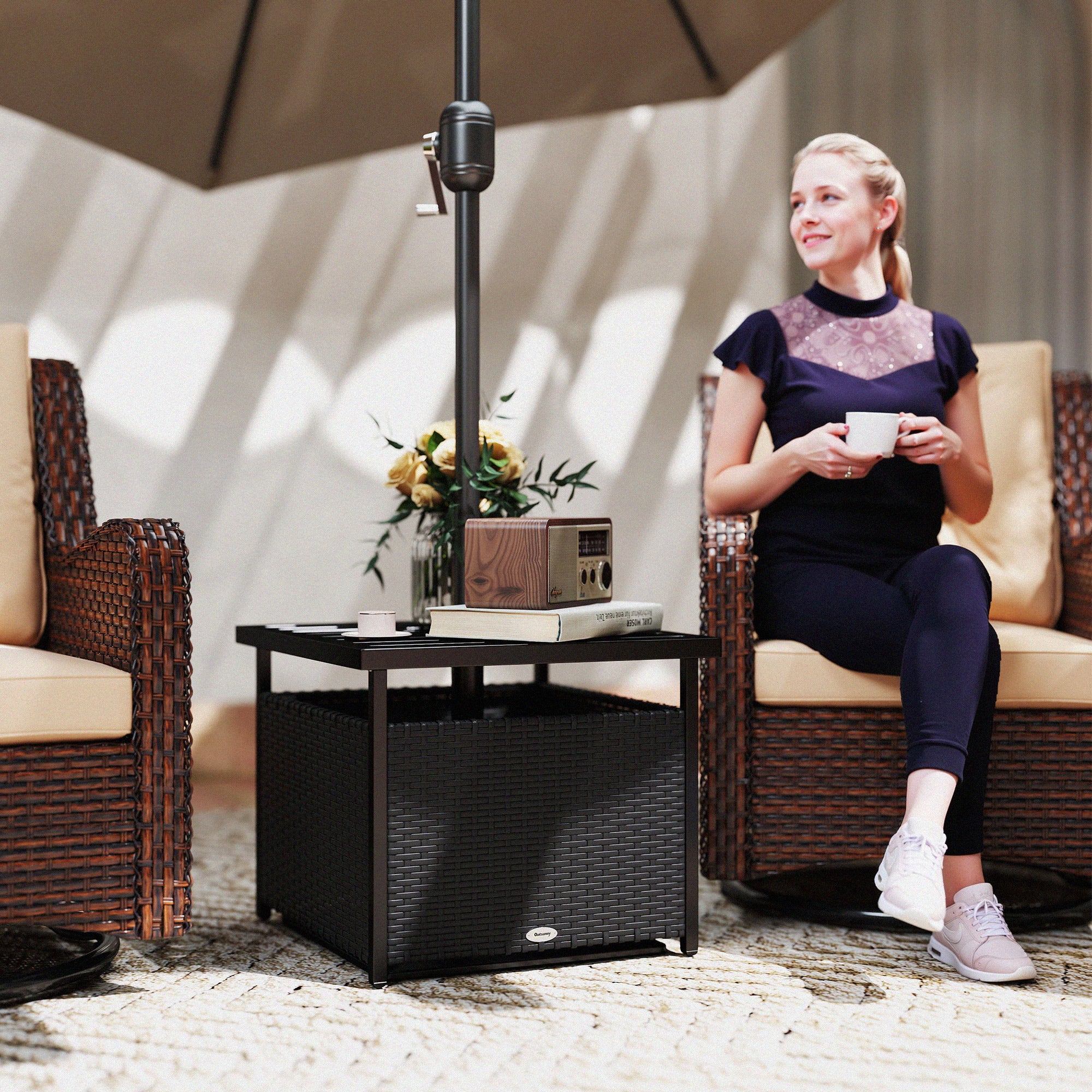 Outsunny 21.75" Outdoor Rattan Wicker Patio Coffee Table with Umbrella Hole, Patio Side Table with Slatted Metal Top, Suitable for Garden, Backyard, Black