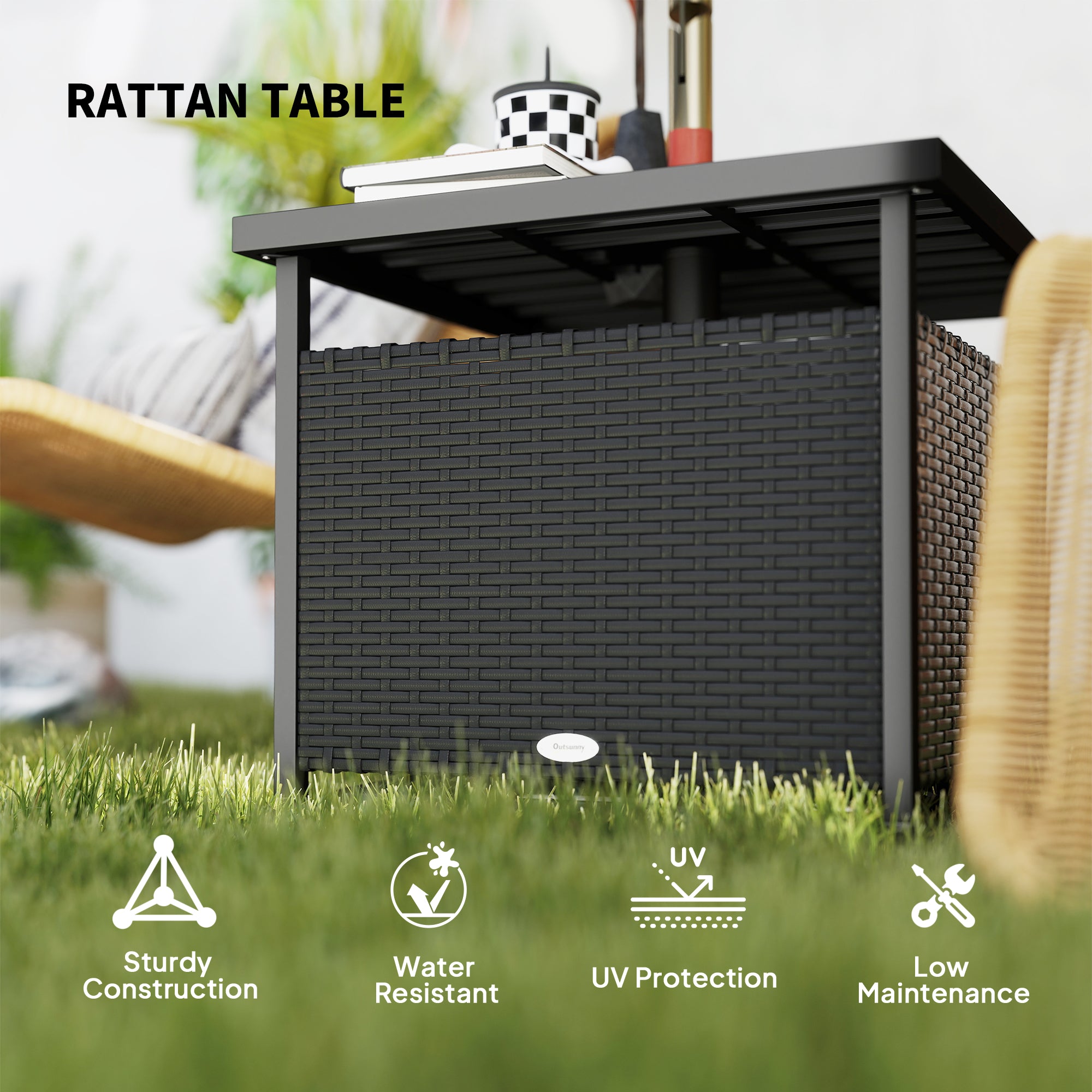 Outsunny 21.75" Outdoor Rattan Wicker Patio Coffee Table with Umbrella Hole, Patio Side Table with Slatted Metal Top, Suitable for Garden, Backyard, Black