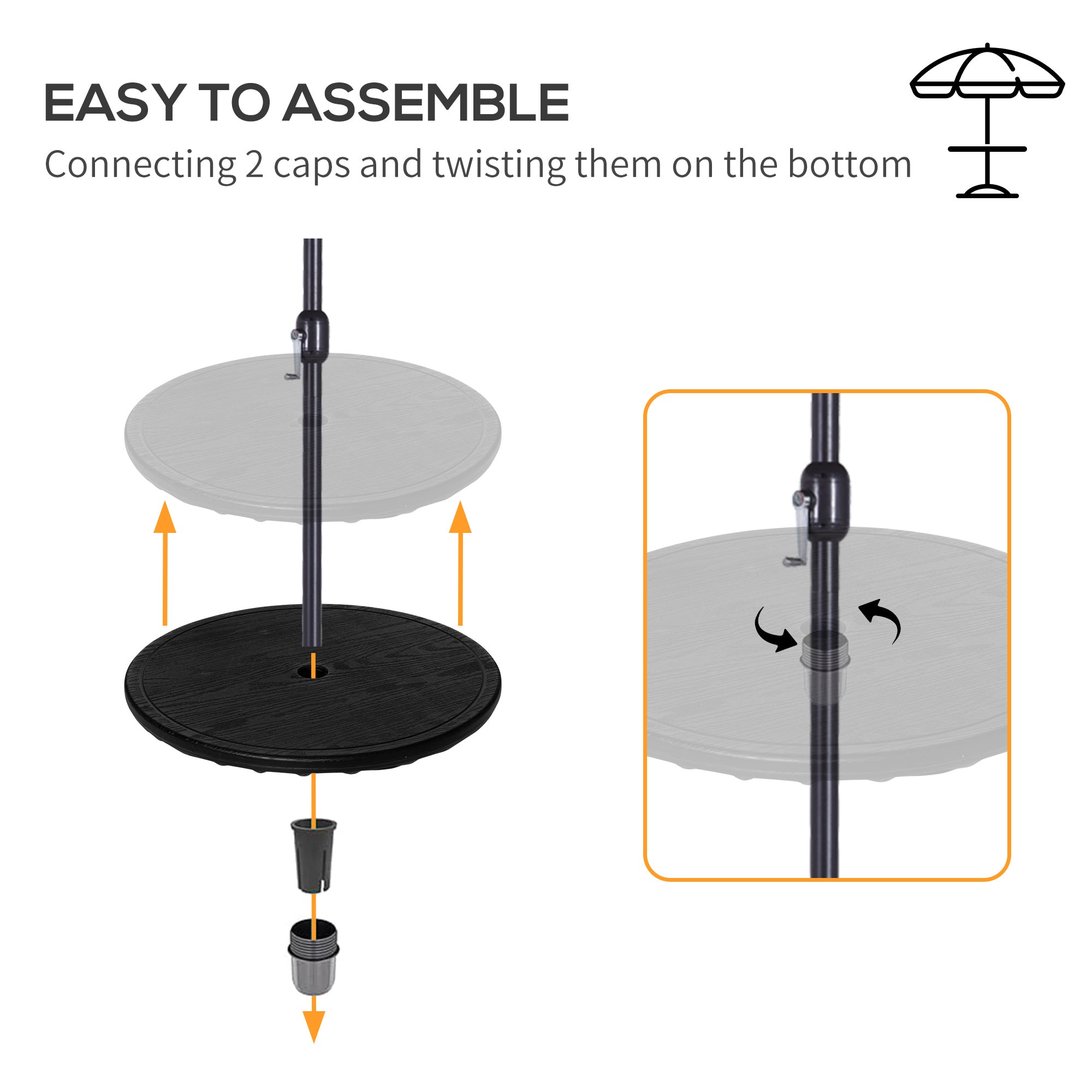 Outsunny 19.7" Umbrella Table Tray, Easy to Install Table-Top, Round Portable Umbrella Table for Swimming Pool, Beach, Patio, Deck, Garden, Black