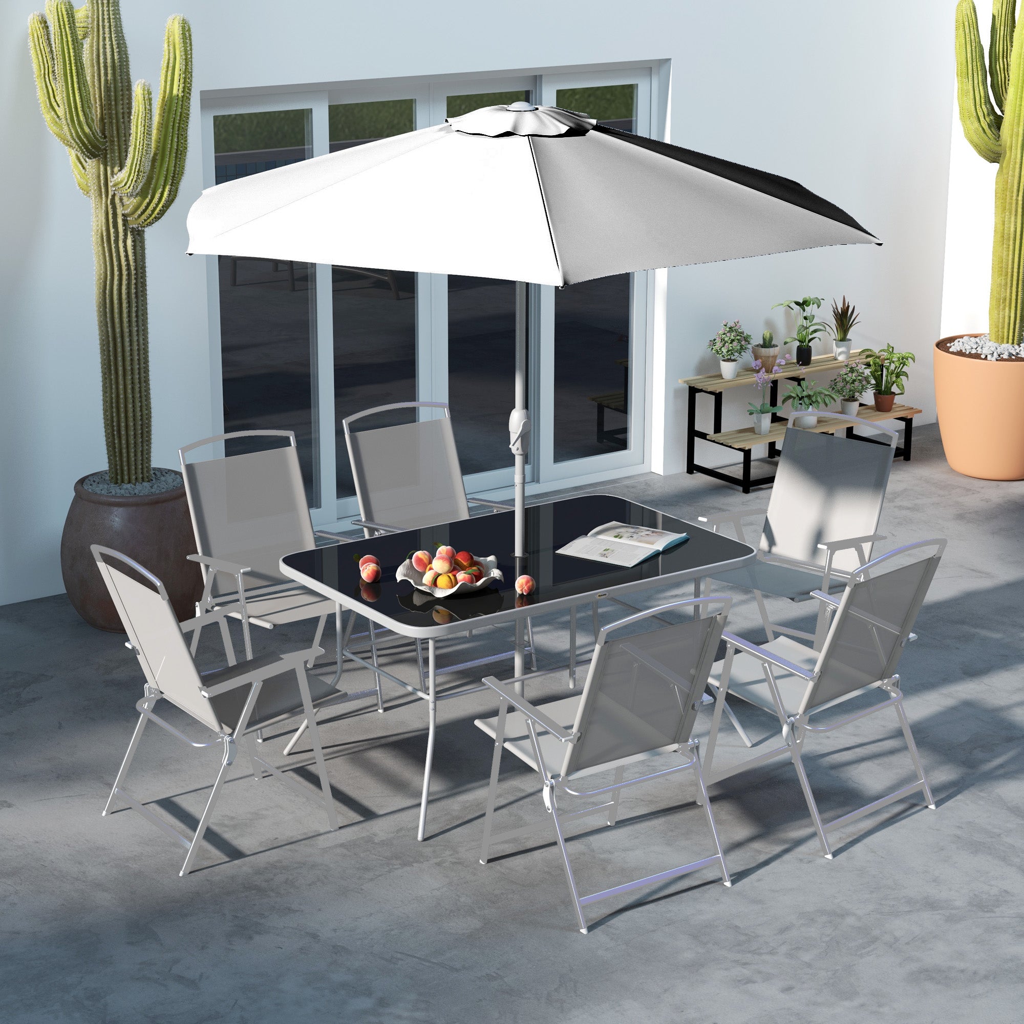 Outsunny 8 Piece Patio Dining Set for 6 with Umbrella, Outdoor Table and Chairs with 6 Folding Chairs with Mesh Seat and Rectangle Dining Table with Umbrella Hole, Grey
