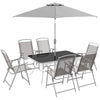 Outsunny 8 Piece Patio Dining Set for 6 with Umbrella, Outdoor Table and Chairs with 6 Folding Chairs with Mesh Seat and Rectangle Dining Table with Umbrella Hole, Grey