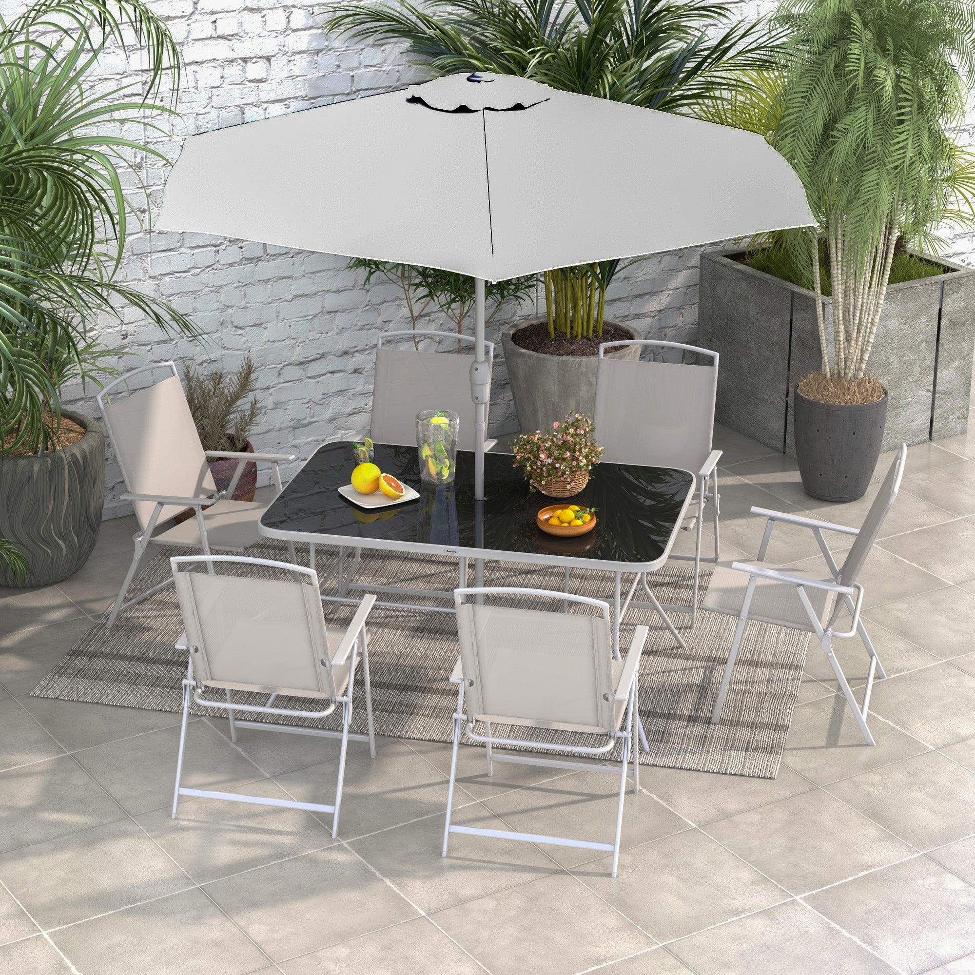 Outsunny 8 Piece Patio Dining Set for 6 with Umbrella, Outdoor Table and Chairs with 6 Folding Chairs with Mesh Seat and Rectangle Dining Table with Umbrella Hole, Grey