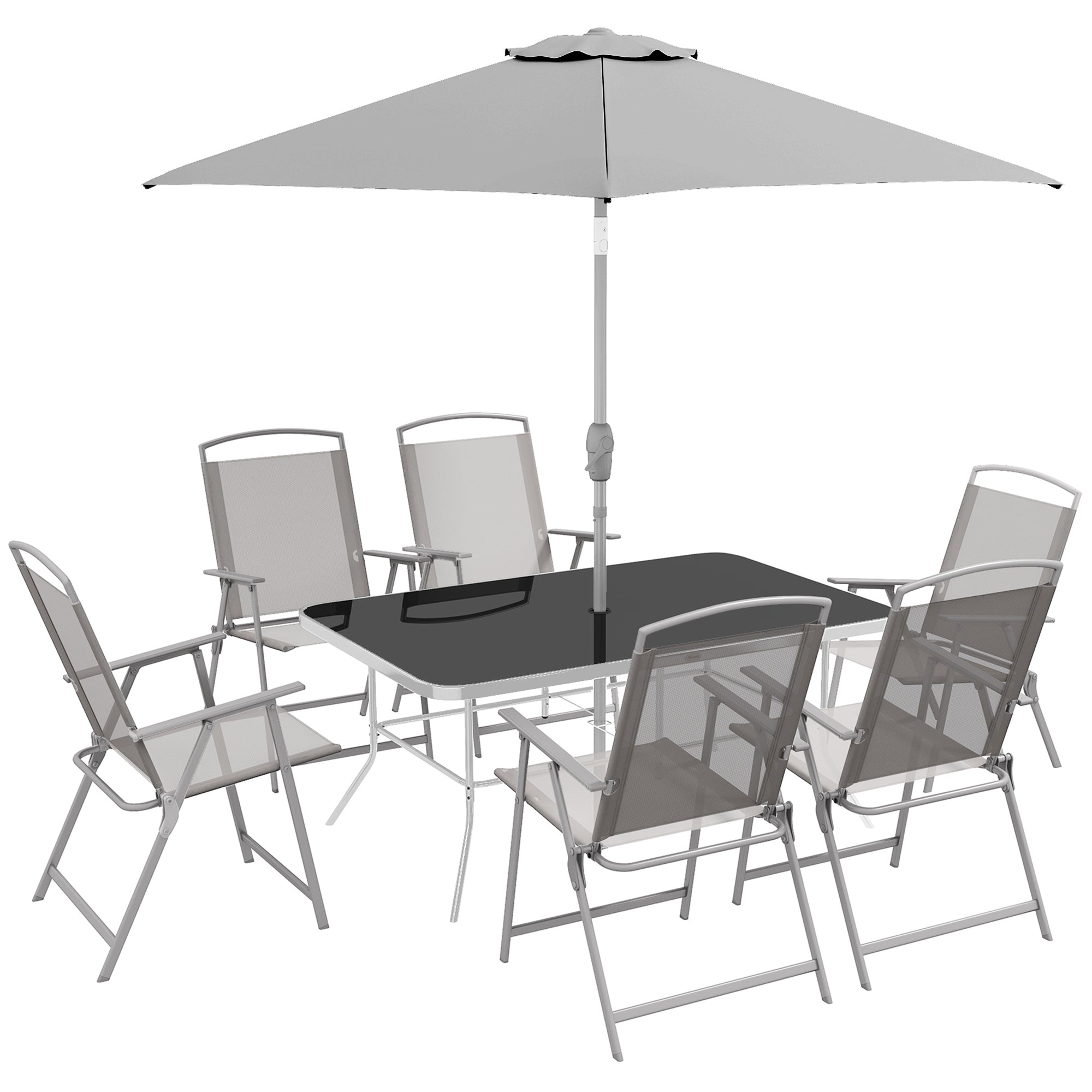 Outsunny 8 Piece Patio Dining Set for 6 with Umbrella, Outdoor Table and Chairs with 6 Folding Chairs with Mesh Seat and Rectangle Dining Table with Umbrella Hole, Grey