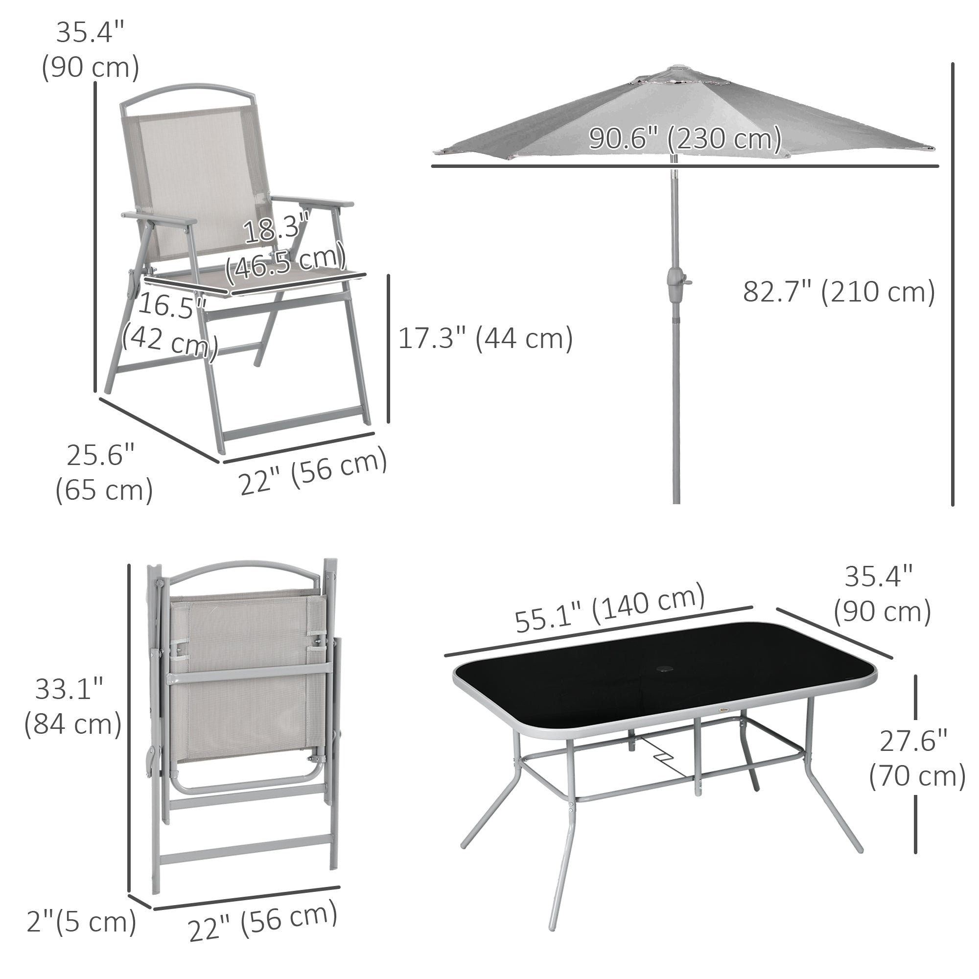 Outsunny 8 Piece Patio Dining Set for 6 with Umbrella, Outdoor Table and Chairs with 6 Folding Chairs with Mesh Seat and Rectangle Dining Table with Umbrella Hole, Grey