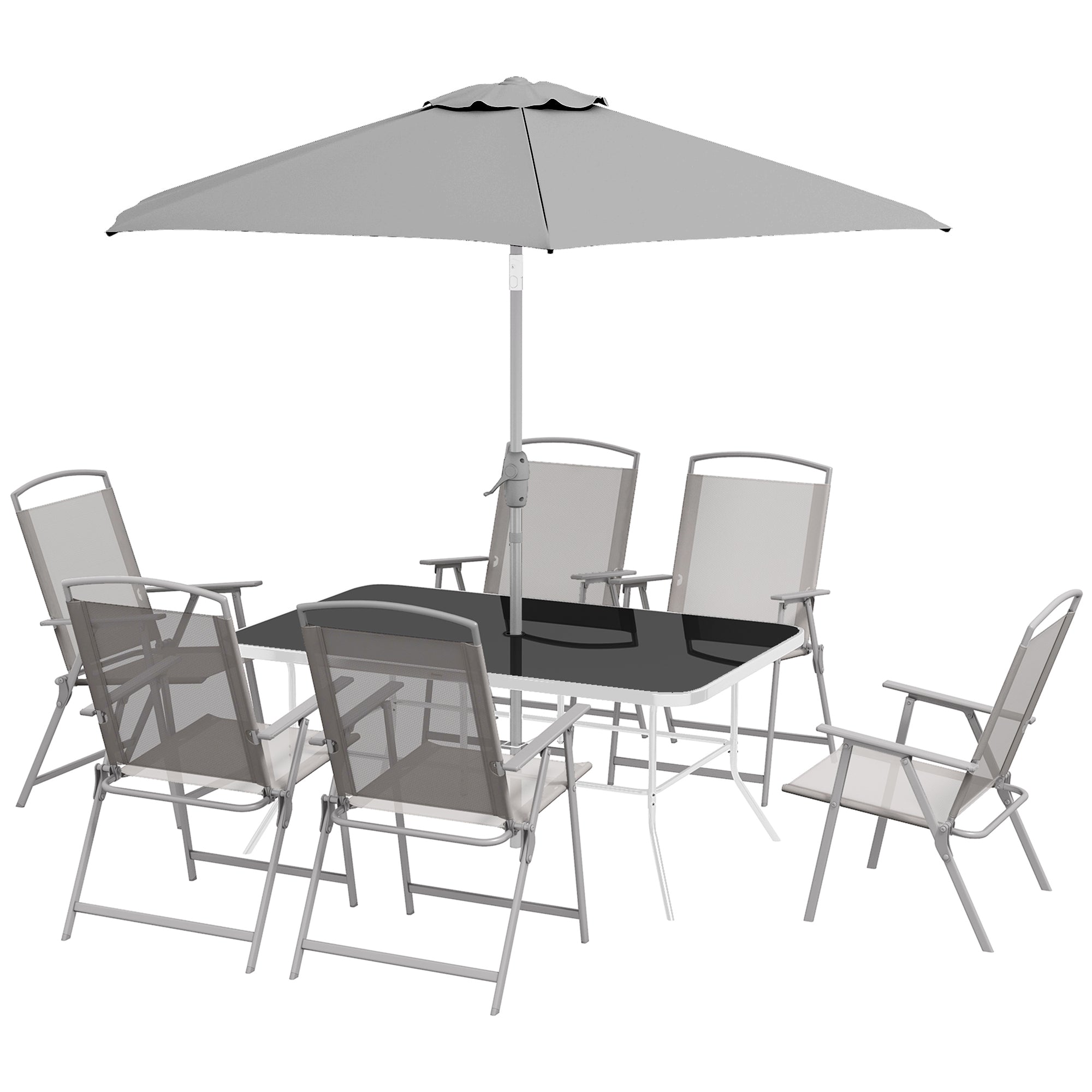 Outsunny 8 Piece Patio Dining Set for 6 with Umbrella, Outdoor Table and Chairs with 6 Folding Chairs with Mesh Seat and Rectangle Dining Table with Umbrella Hole, Grey