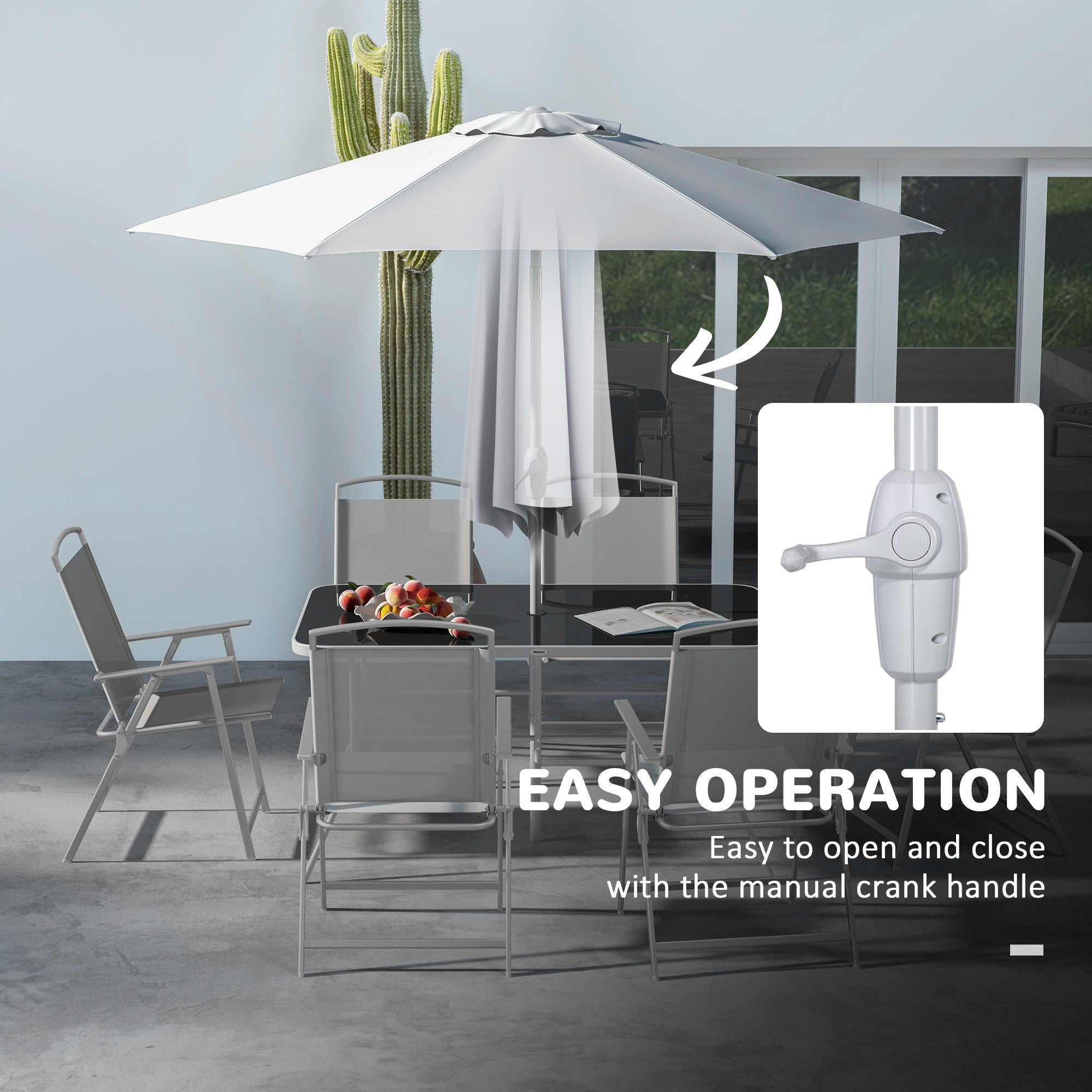 Outsunny 8 Piece Patio Dining Set for 6 with Umbrella, Outdoor Table and Chairs with 6 Folding Chairs with Mesh Seat and Rectangle Dining Table with Umbrella Hole, Grey