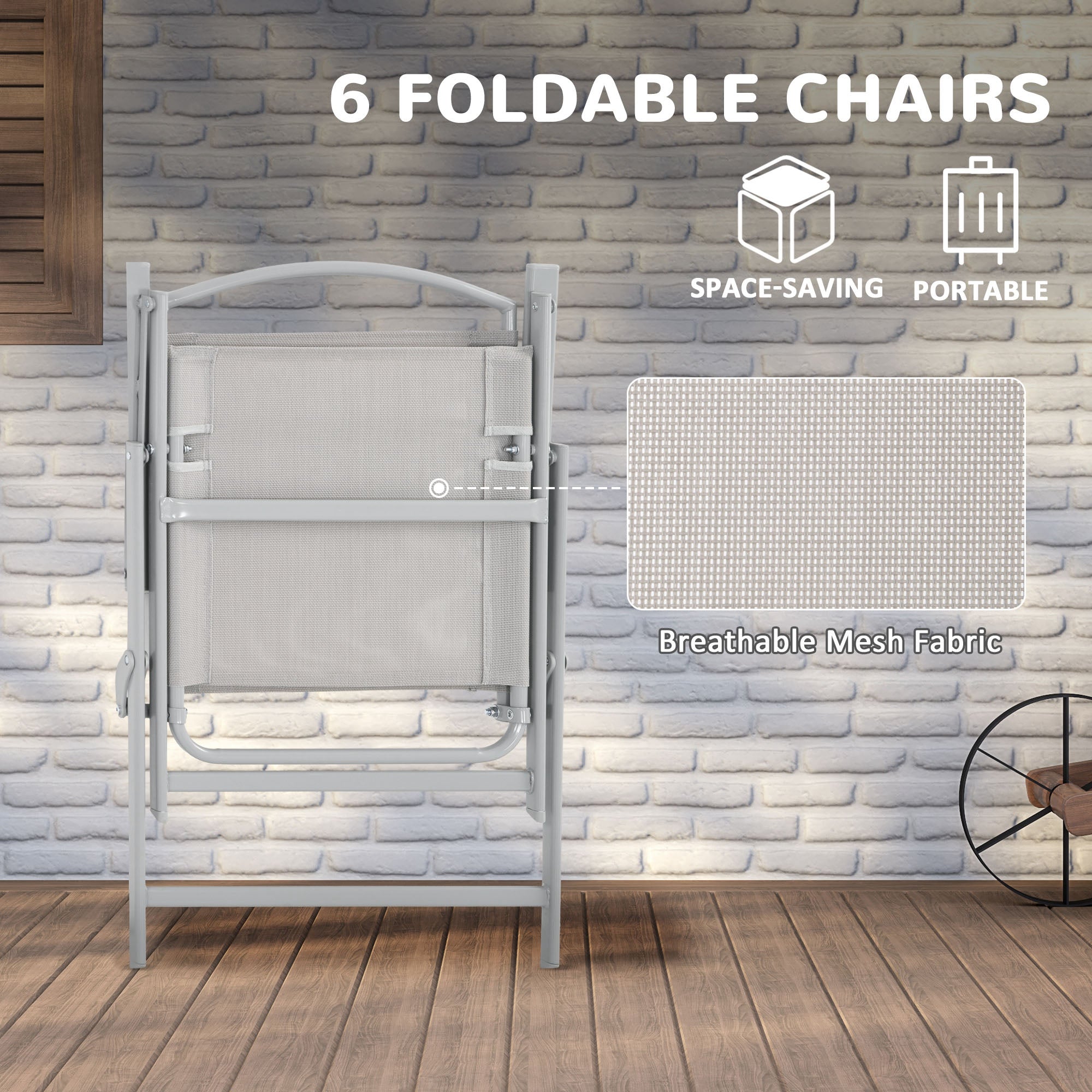 Outsunny 8 Piece Patio Dining Set for 6 with Umbrella, Outdoor Table and Chairs with 6 Folding Chairs with Mesh Seat and Rectangle Dining Table with Umbrella Hole, Grey