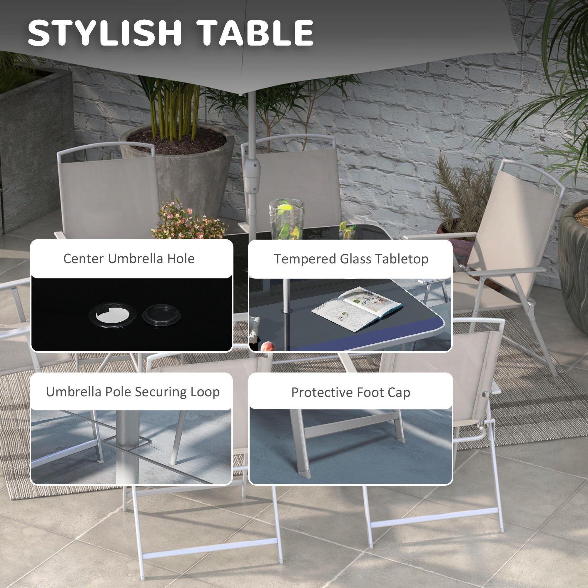 Outsunny 8 Piece Patio Dining Set for 6 with Umbrella, Outdoor Table and Chairs with 6 Folding Chairs with Mesh Seat and Rectangle Dining Table with Umbrella Hole, Grey