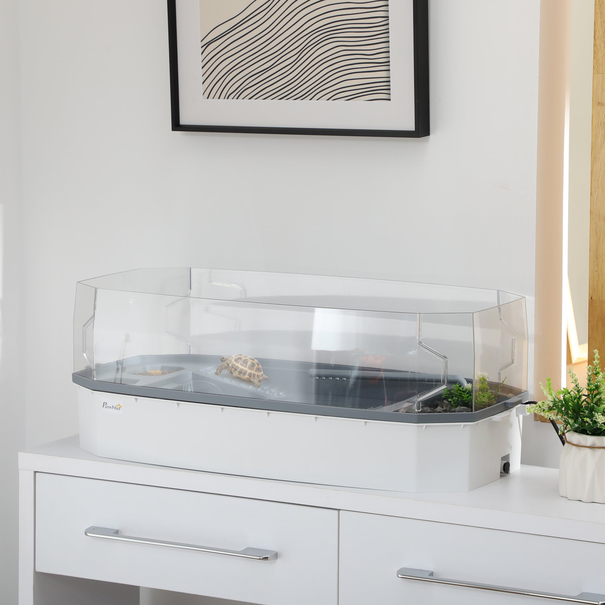 PawHut Turtle Tank Terrapin Reptile Tank Two Layer Tortoise Aquarium with Pump Escape Prevention Drainage Holes White