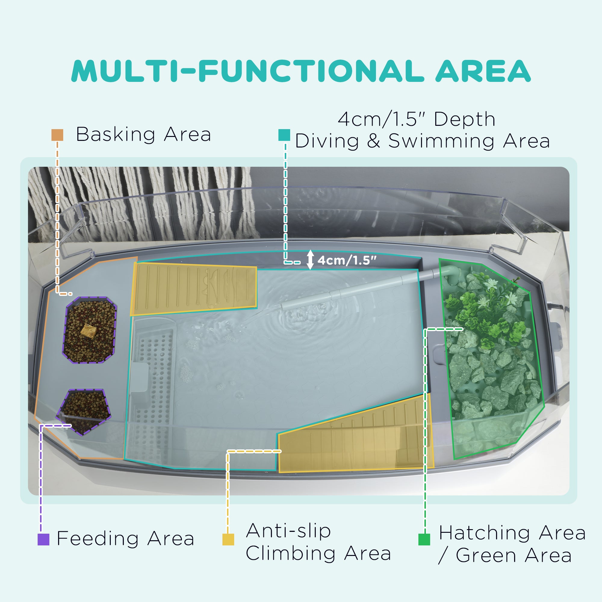 PawHut Turtle Tank Terrapin Reptile Tank Two Layer Tortoise Aquarium with Pump Escape Prevention Drainage Holes White
