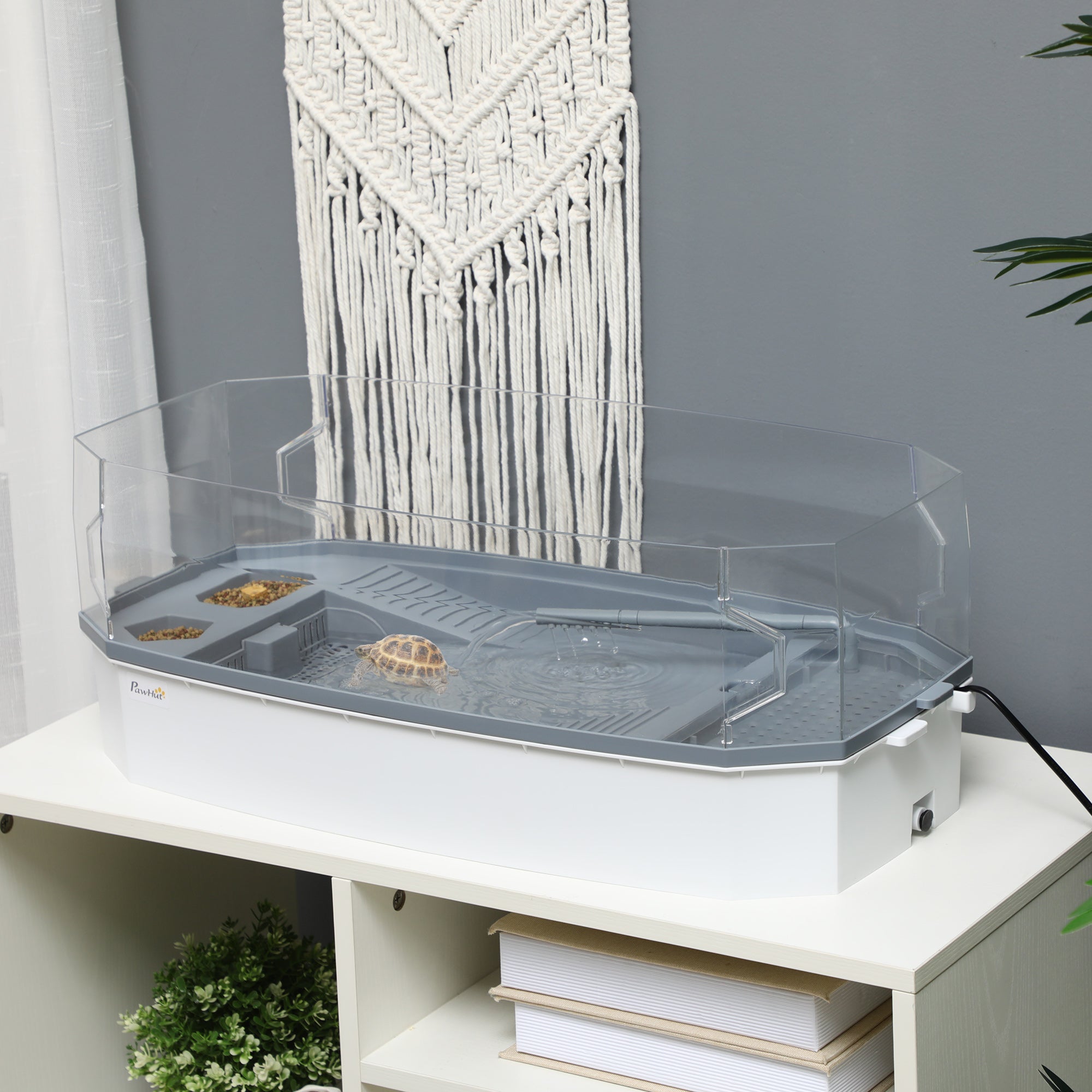PawHut Turtle Tank Terrapin Reptile Tank Two Layer Tortoise Aquarium with Pump Escape Prevention Drainage Holes White