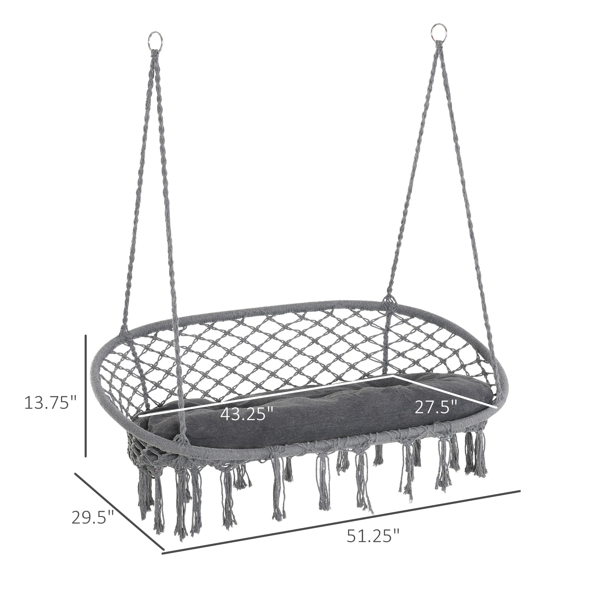Outsunny Patio Hammock Chair 2 Seat, Hanging Rope Hammock Swing Chair with Metal Frame and Cushion, Large Macrame Seat for Indoor and Outdoor 396 lbs Capacity, Dark Grey