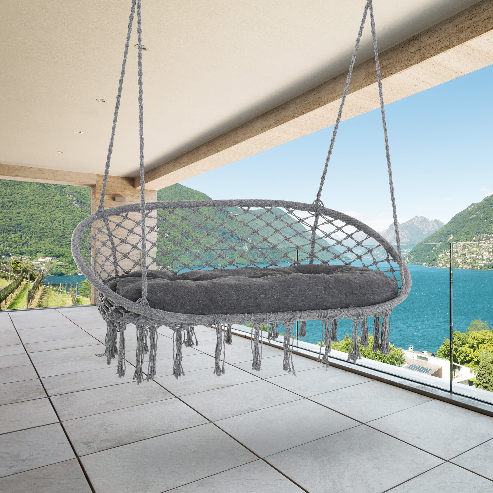 Outsunny Patio Hammock Chair 2 Seat, Hanging Rope Hammock Swing Chair with Metal Frame and Cushion, Large Macrame Seat for Indoor and Outdoor 396 lbs Capacity, Dark Grey
