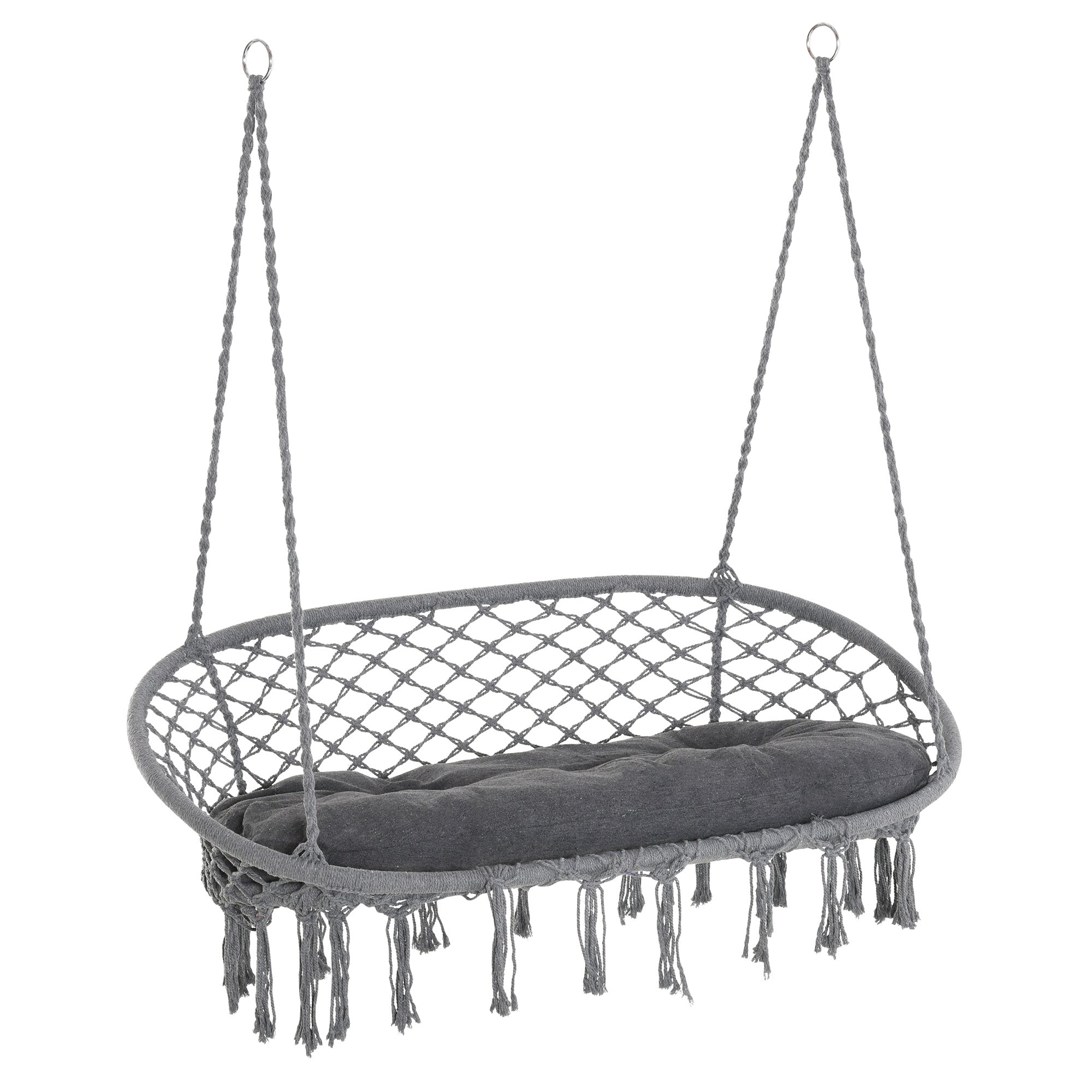 Outsunny Patio Hammock Chair 2 Seat, Hanging Rope Hammock Swing Chair with Metal Frame and Cushion, Large Macrame Seat for Indoor and Outdoor 396 lbs Capacity, Dark Grey