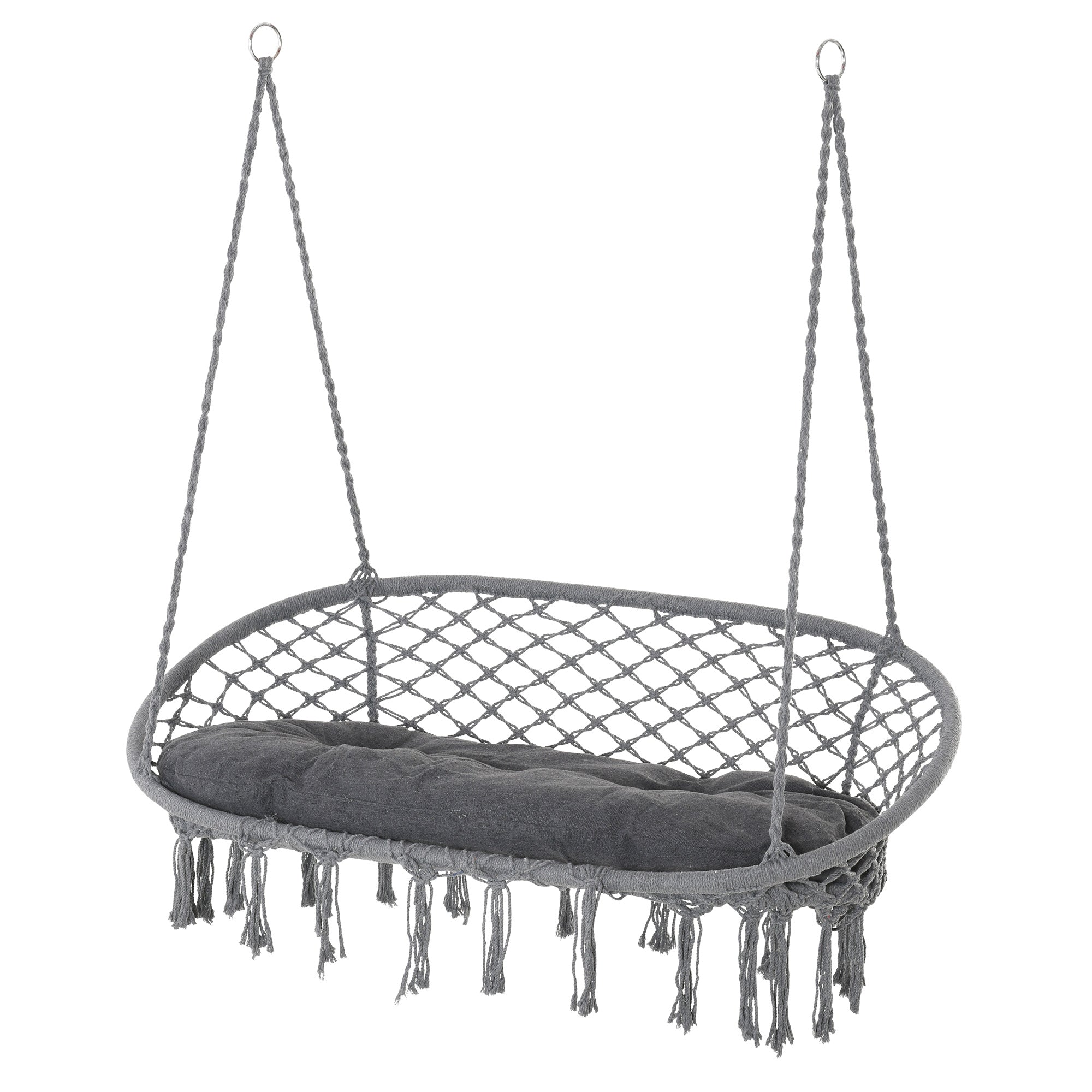 Outsunny Patio Hammock Chair 2 Seat, Hanging Rope Hammock Swing Chair with Metal Frame and Cushion, Large Macrame Seat for Indoor and Outdoor 396 lbs Capacity, Dark Grey