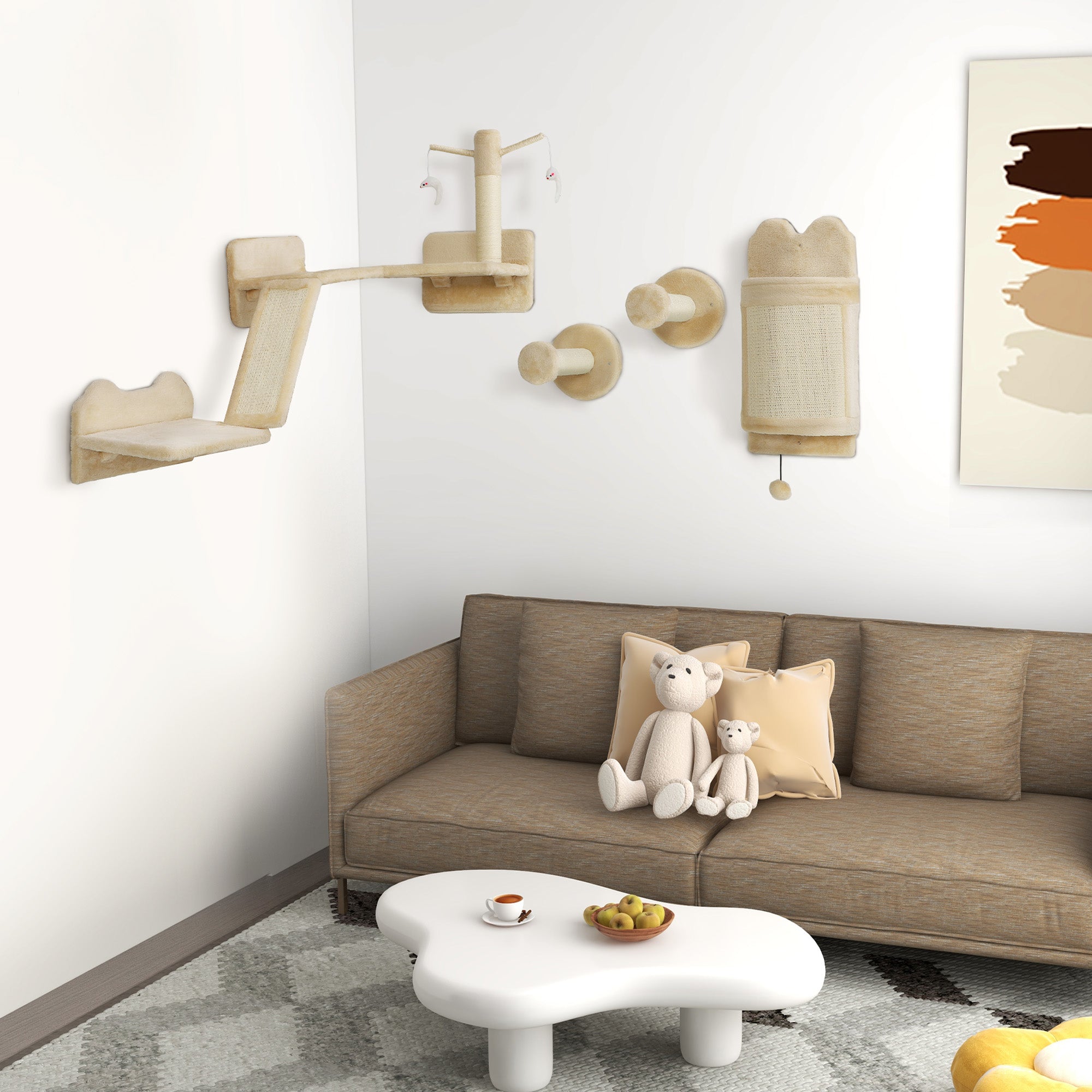 PawHut Cat Wall Shelves, 4PCs Corner Design Cat Wall Furniture with Scratching Post, Scratching Board, Perches, Cat Wands, Toy Ball, Cat Wall Climber for Indoor Cats Kittens, Beige