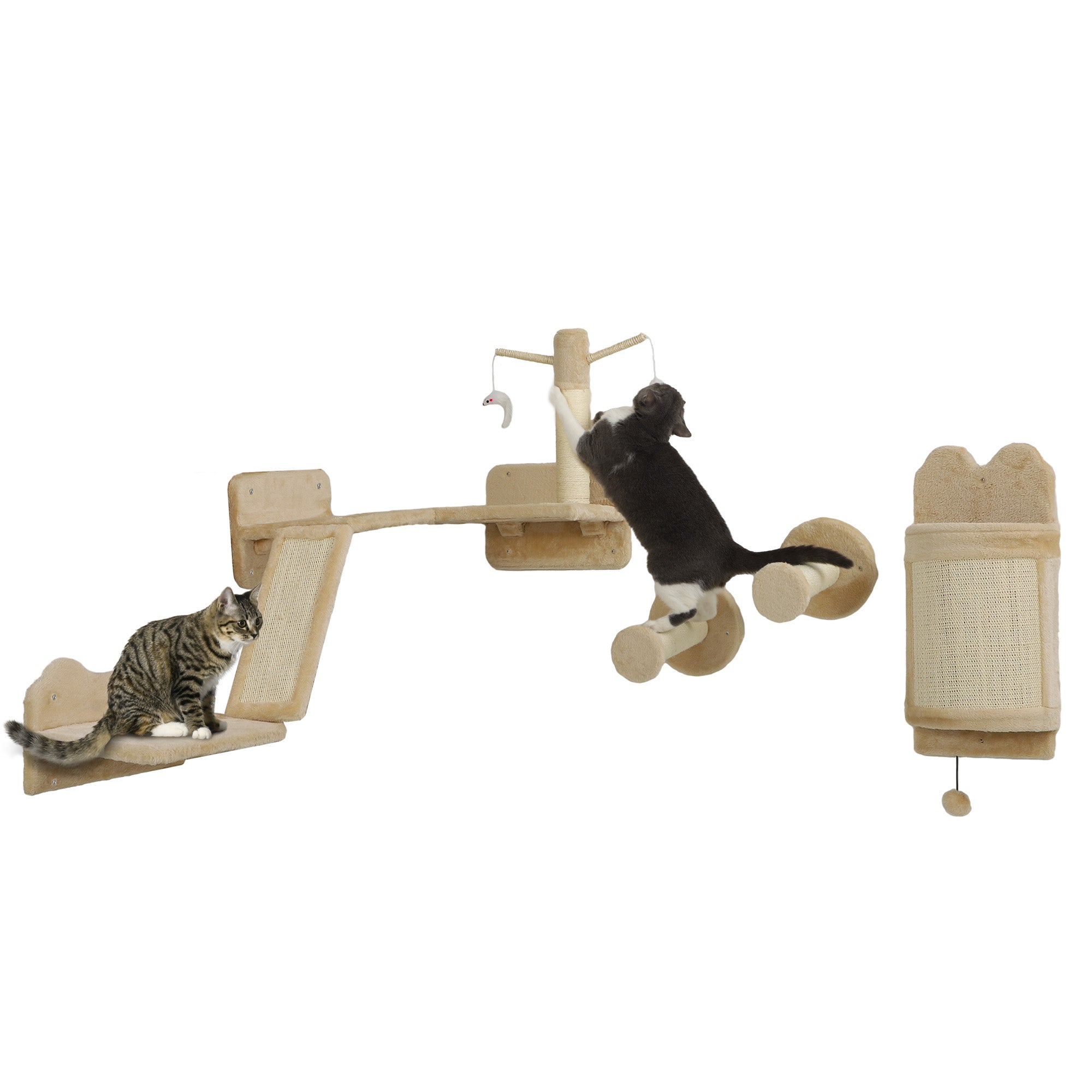 PawHut Cat Wall Shelves, 4PCs Corner Design Cat Wall Furniture with Scratching Post, Scratching Board, Perches, Cat Wands, Toy Ball, Cat Wall Climber for Indoor Cats Kittens, Beige