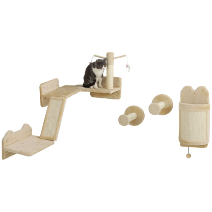 PawHut Cat Wall Shelves, 4PCs Corner Design Cat Wall Furniture with Scratching Post, Scratching Board, Perches, Cat Wands, Toy Ball, Cat Wall Climber for Indoor Cats Kittens, Beige