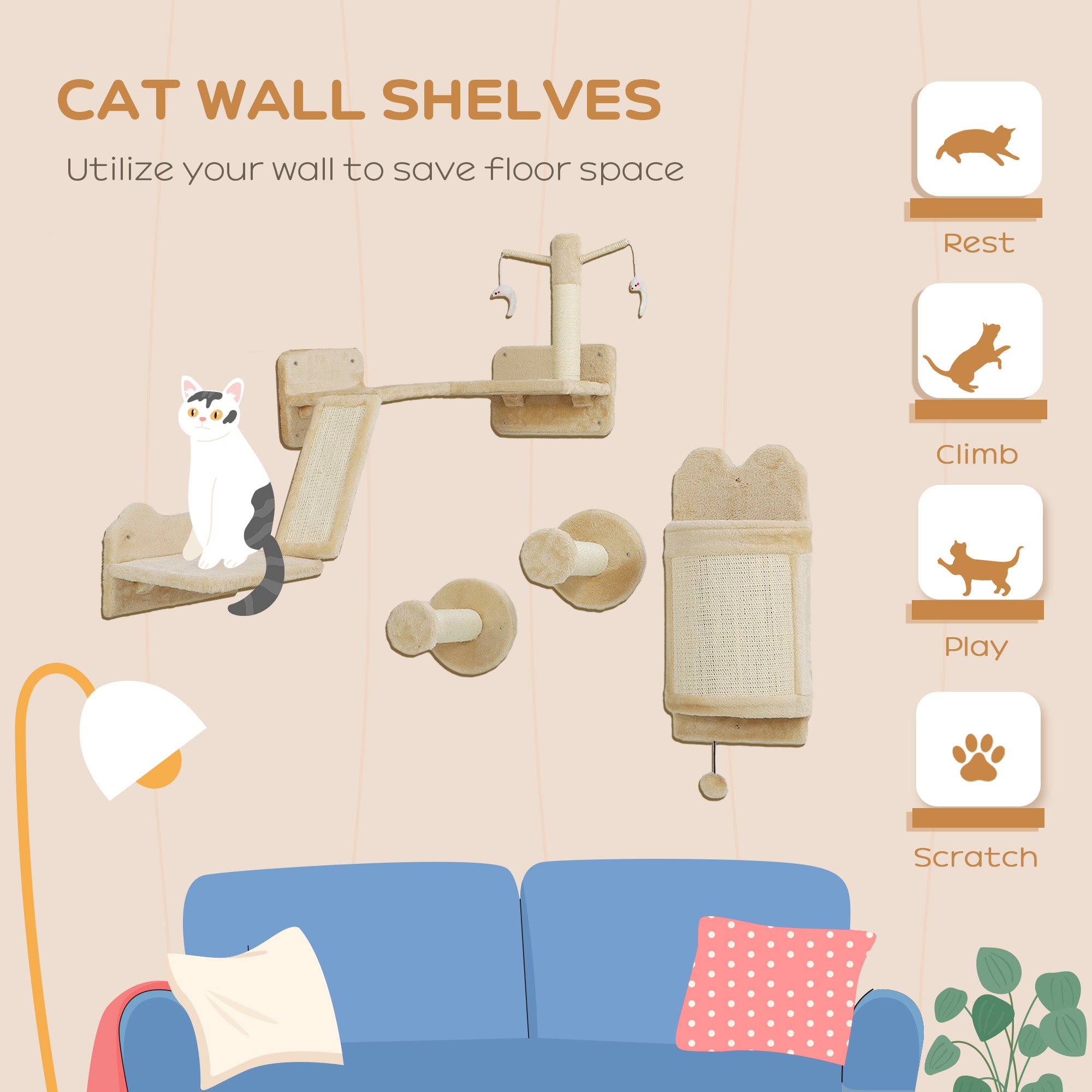 PawHut Cat Wall Shelves, 4PCs Corner Design Cat Wall Furniture with Scratching Post, Scratching Board, Perches, Cat Wands, Toy Ball, Cat Wall Climber for Indoor Cats Kittens, Beige