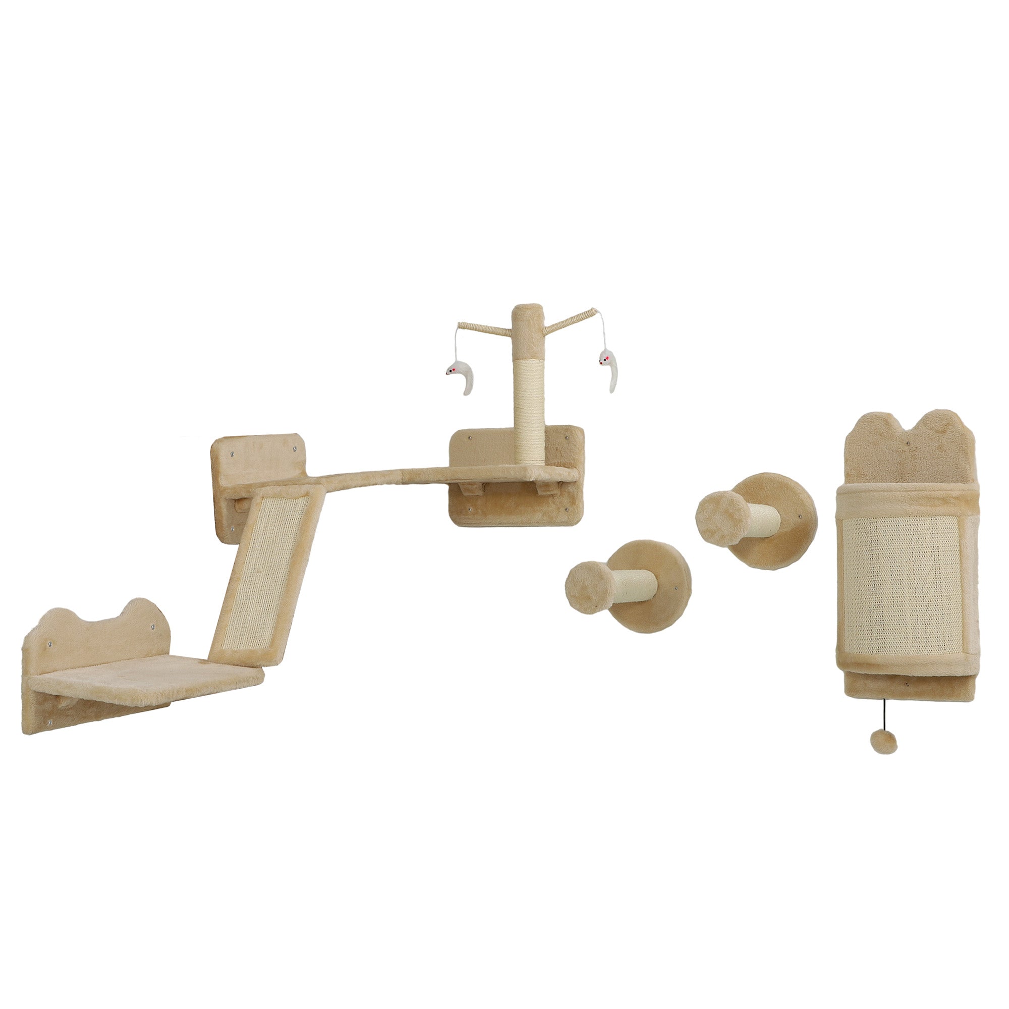 PawHut Cat Wall Shelves, 4PCs Corner Design Cat Wall Furniture with Scratching Post, Scratching Board, Perches, Cat Wands, Toy Ball, Cat Wall Climber for Indoor Cats Kittens, Beige