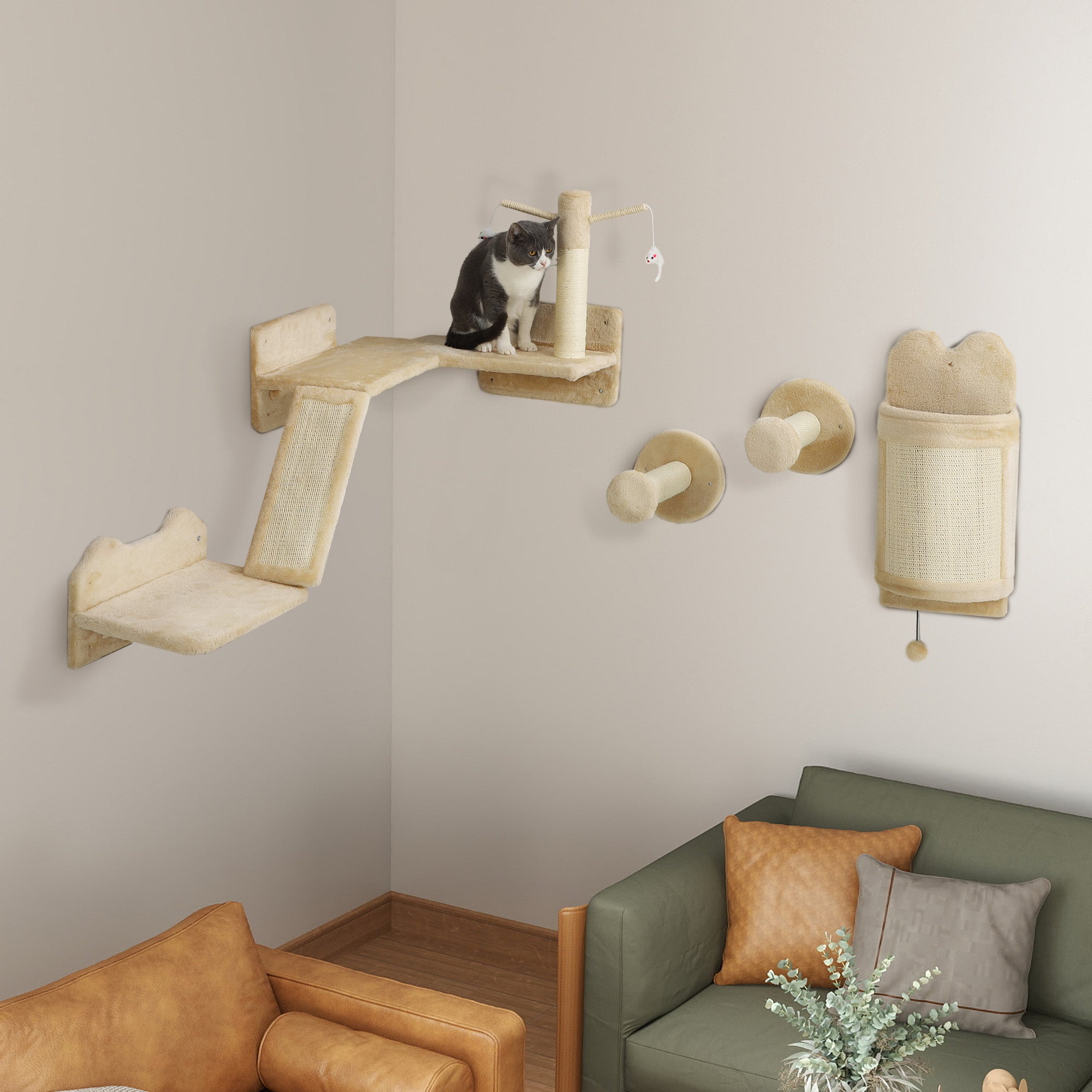 PawHut Cat Wall Shelves, 4PCs Corner Design Cat Wall Furniture with Scratching Post, Scratching Board, Perches, Cat Wands, Toy Ball, Cat Wall Climber for Indoor Cats Kittens, Beige
