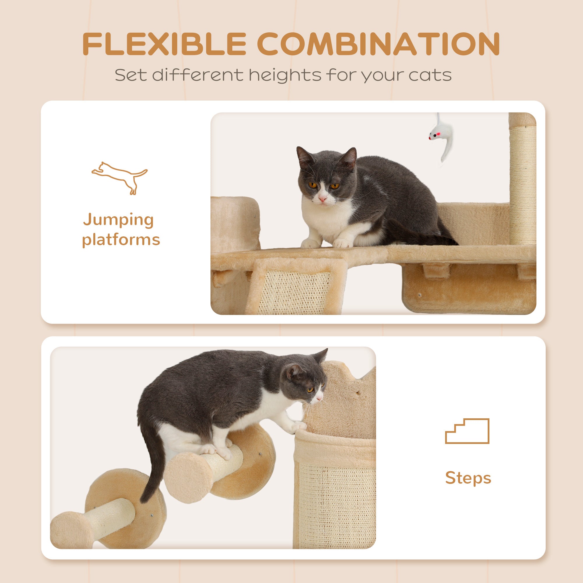 PawHut Cat Wall Shelves, 4PCs Corner Design Cat Wall Furniture with Scratching Post, Scratching Board, Perches, Cat Wands, Toy Ball, Cat Wall Climber for Indoor Cats Kittens, Beige