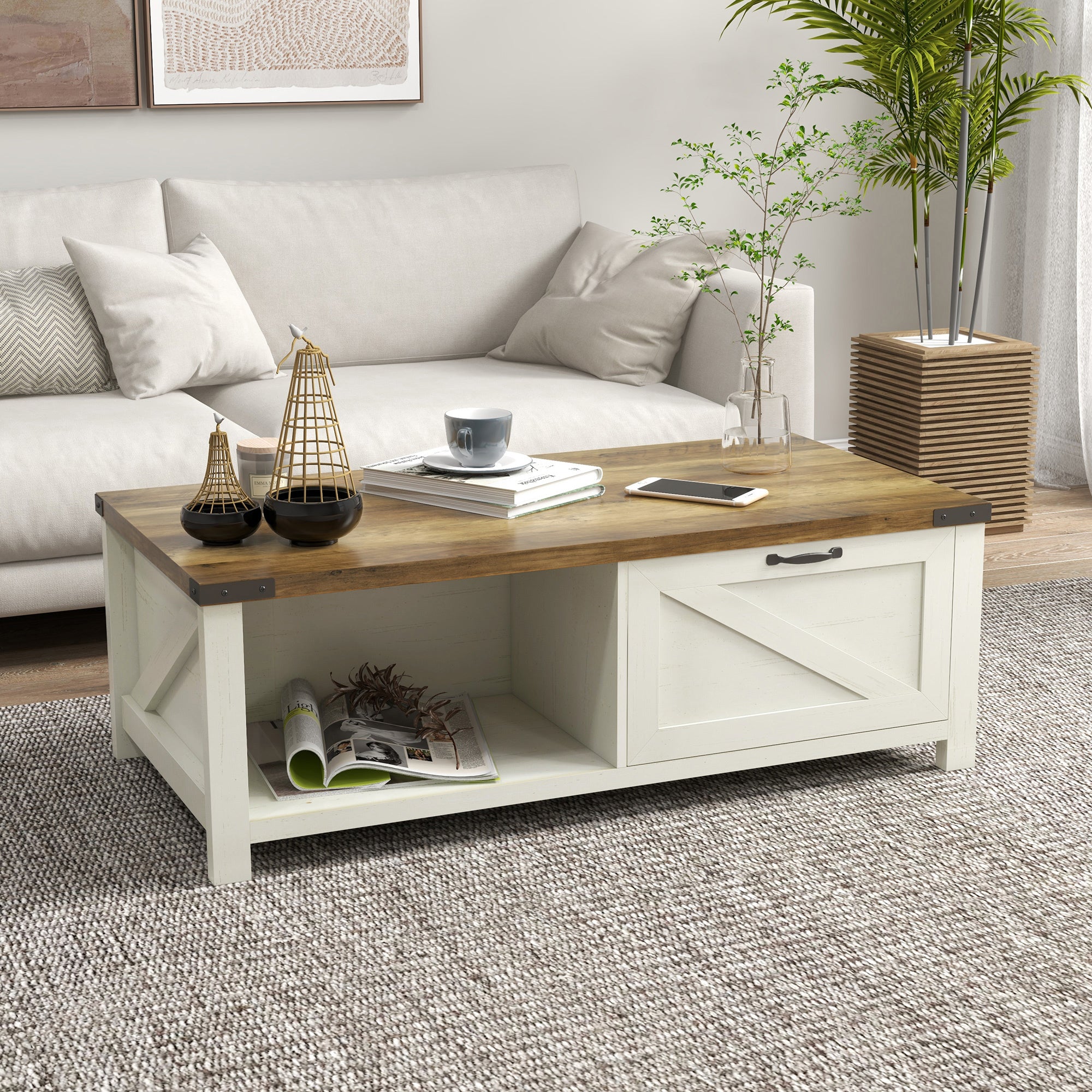 HOMCOM Farmhouse Coffee Table with Drawer and Storage Shelf, Rustic Center Table for Living Room, White